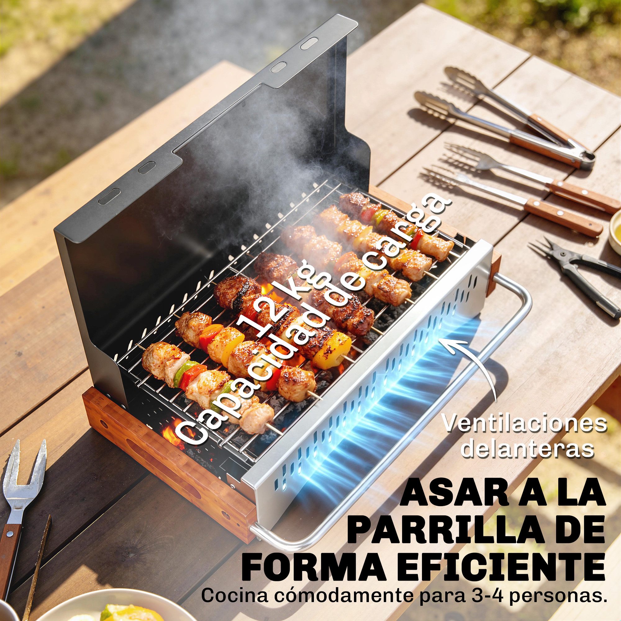 Parrilla con brochetas de carne, verduras y texto.