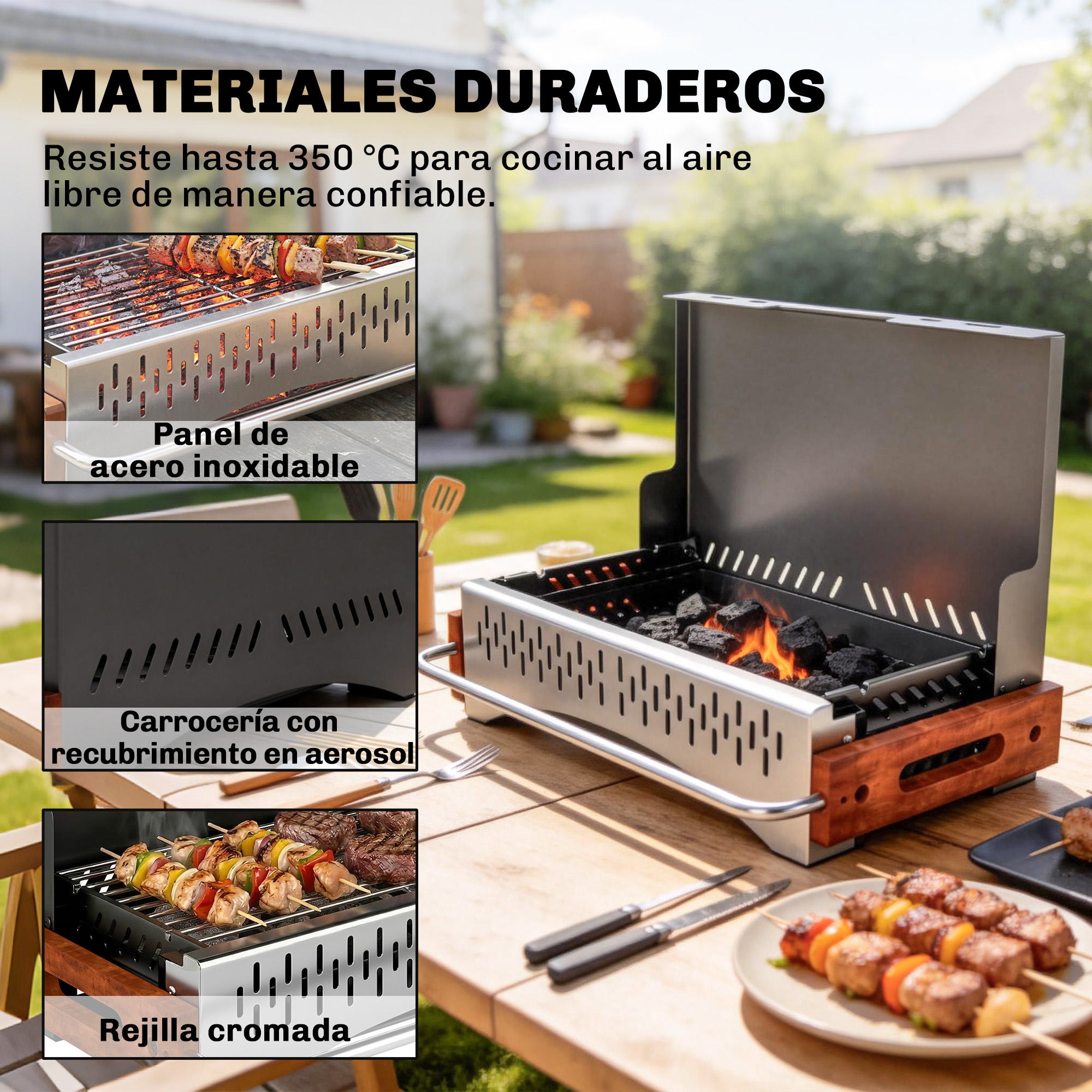 Una parrilla con brasas encendidas y brochetas de carne y verduras en mesa de madera.