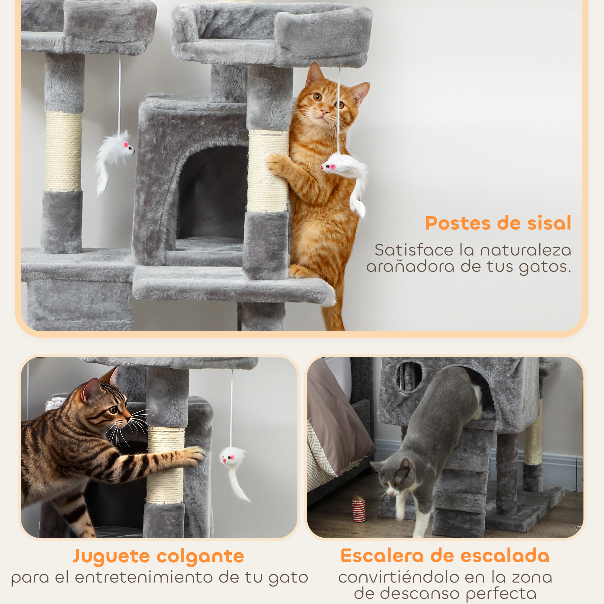 Un árbol para gatos beige con tres escenas: gato naranja, gato atigrado, gato gris.
