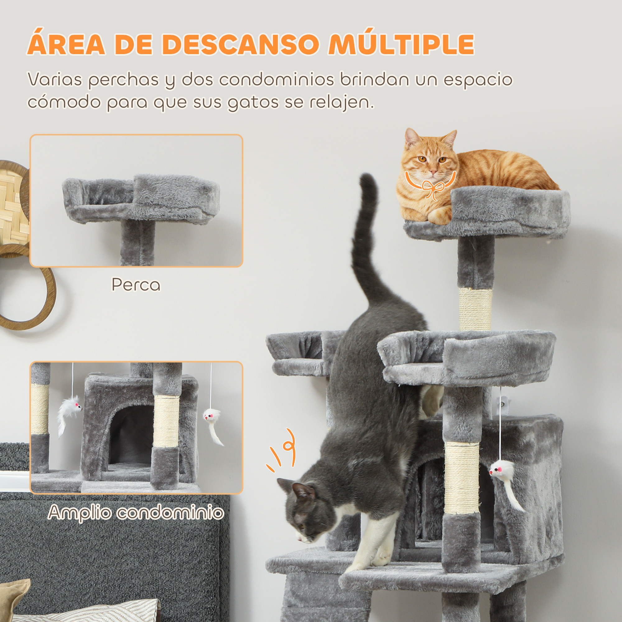 Un árbol para gatos de varios niveles con dos gatos, uno naranja y uno gris.