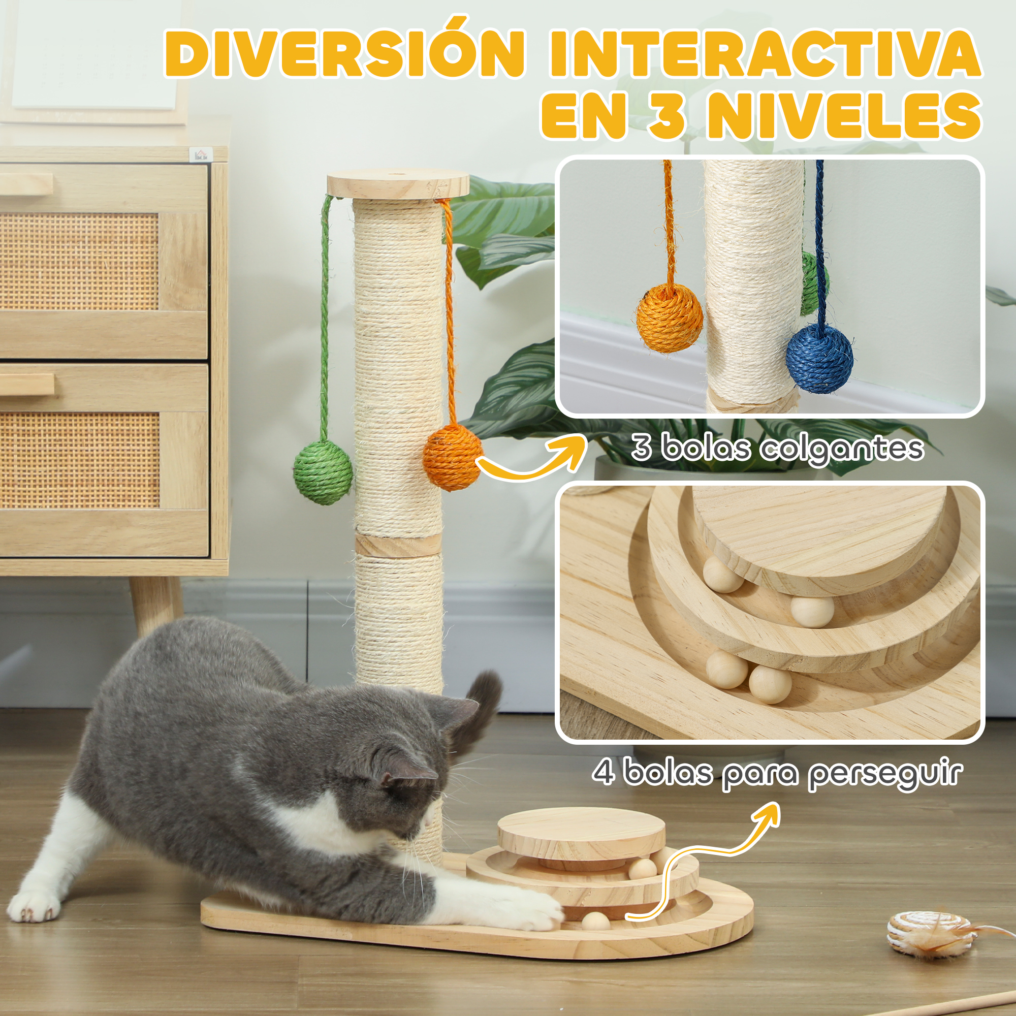 Gato gris juega con un rascador con pelotas y un juguete de madera.