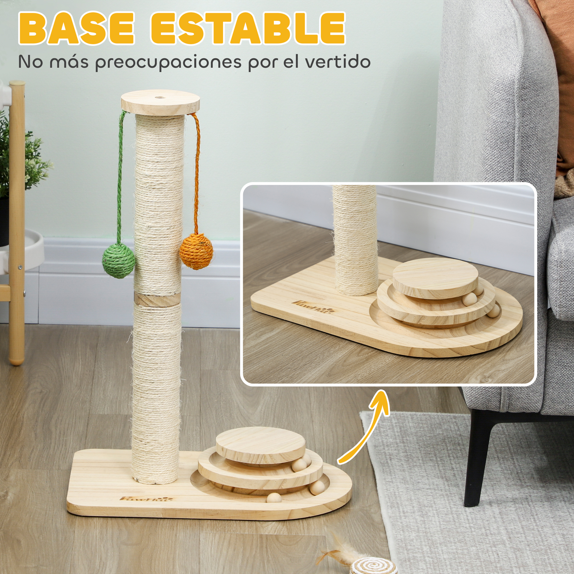 Rascador para gatos con cuerda, juguetes colgantes y base de madera con niveles.