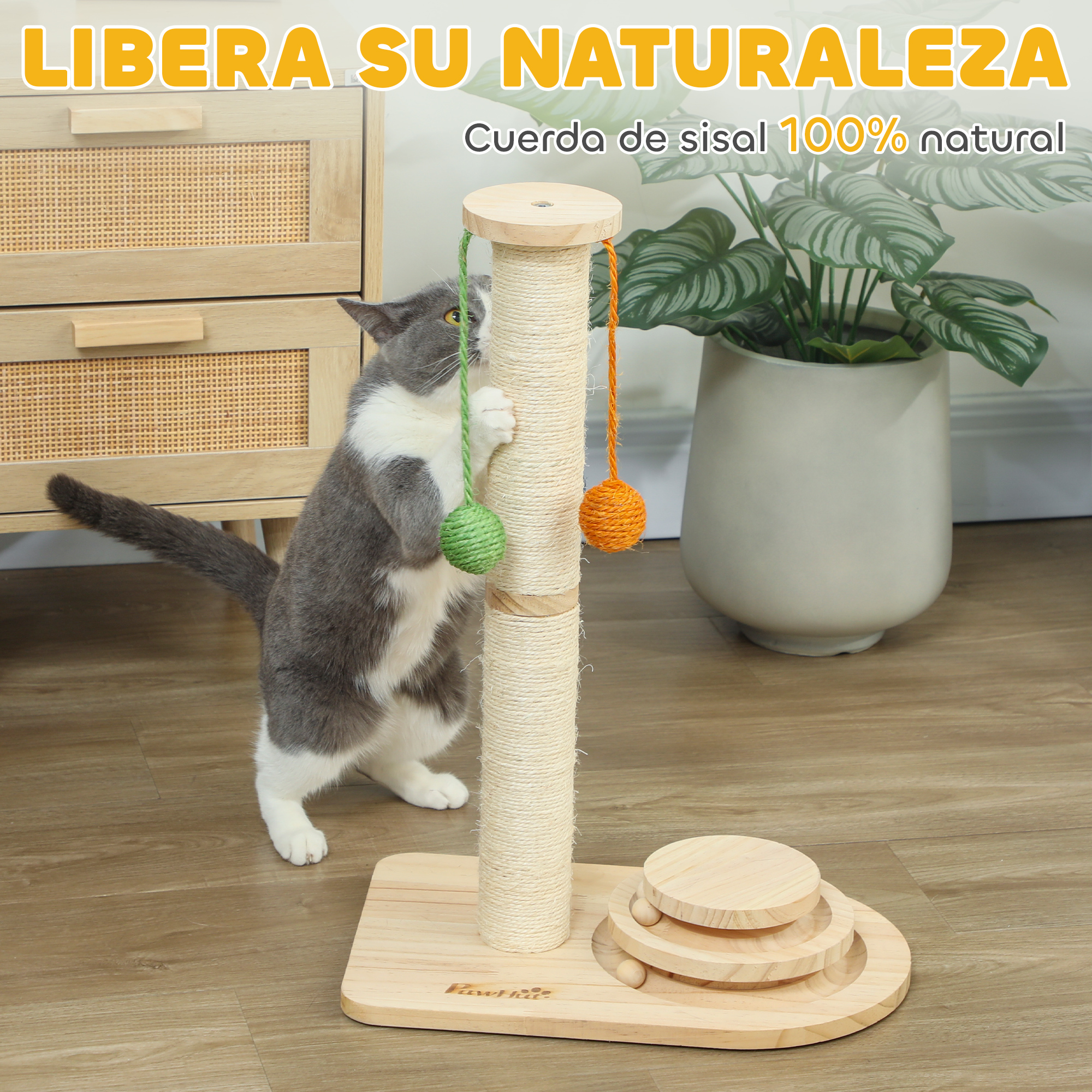 Un gato juega con un rascador de sisal con bolas verdes y naranjas.