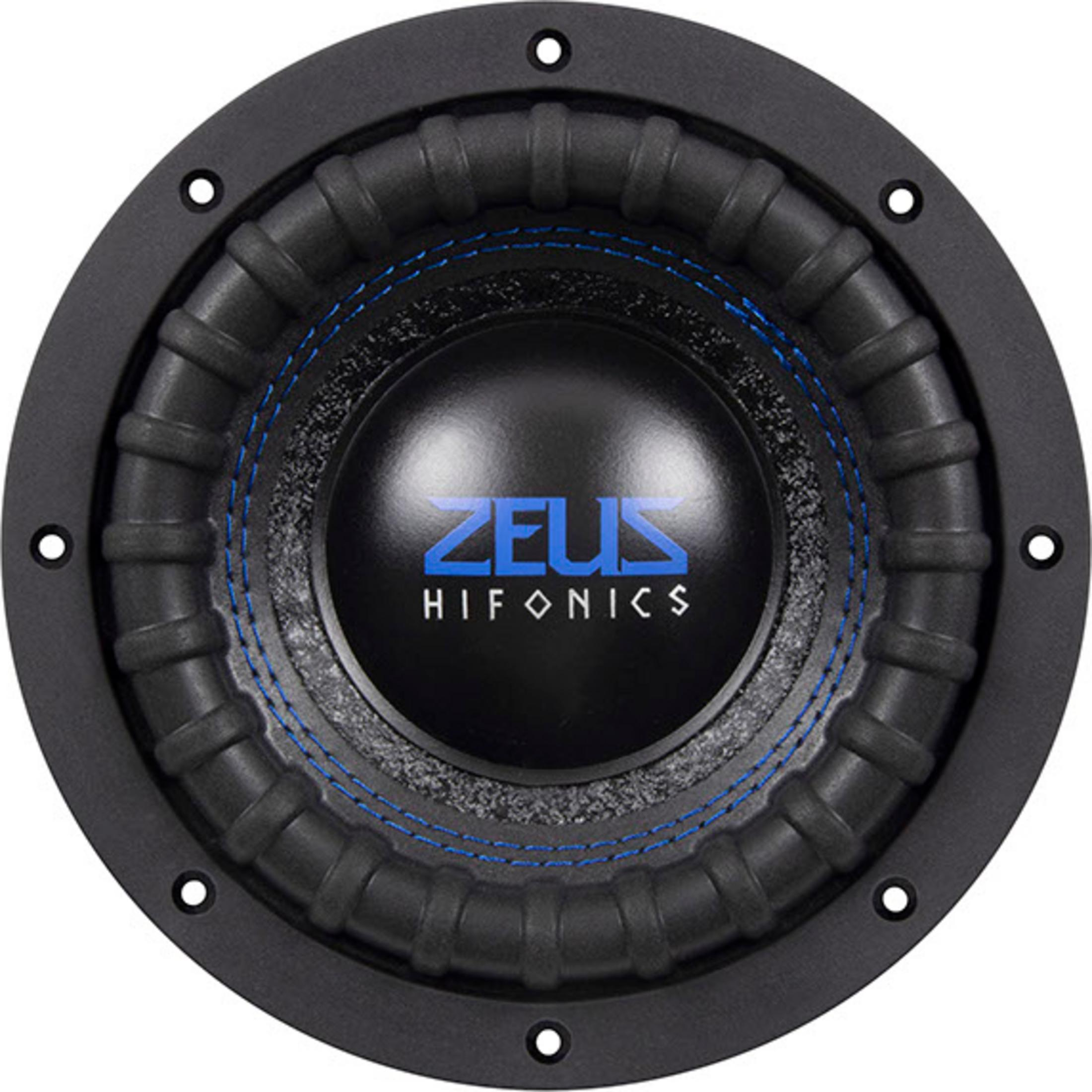 Schwarzer Subwoofer mit Zeus Hifonics Logo und blauer Naht.