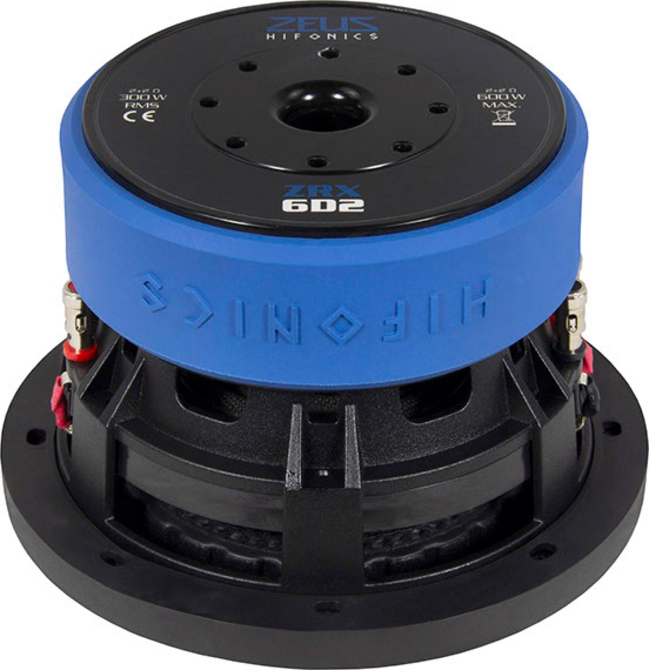 Schwarzer Subwoofer mit blauem Akzentring und silbernen Anschlüssen.