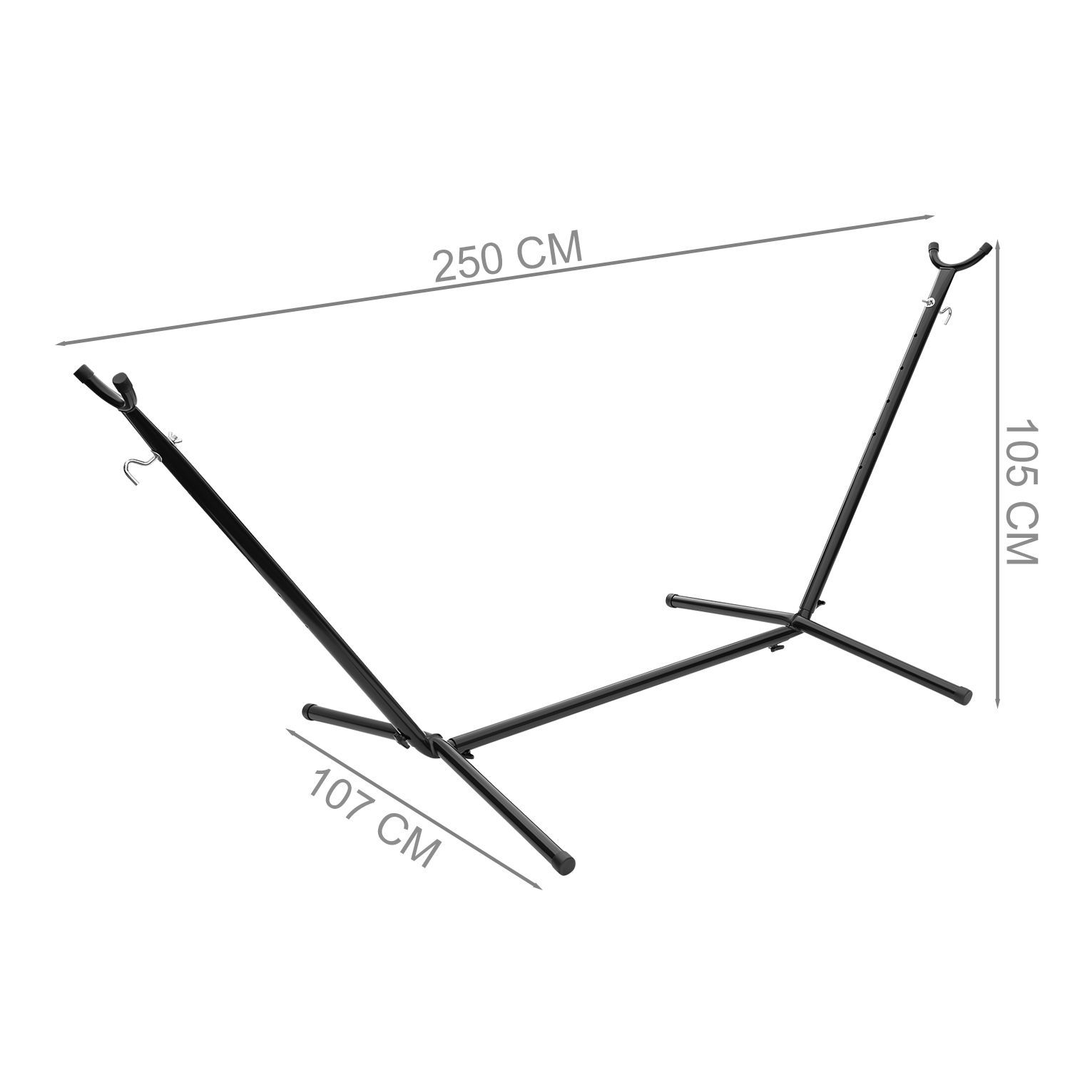 Czarny stojak na hamak o wymiarach (250x107x105 cm).