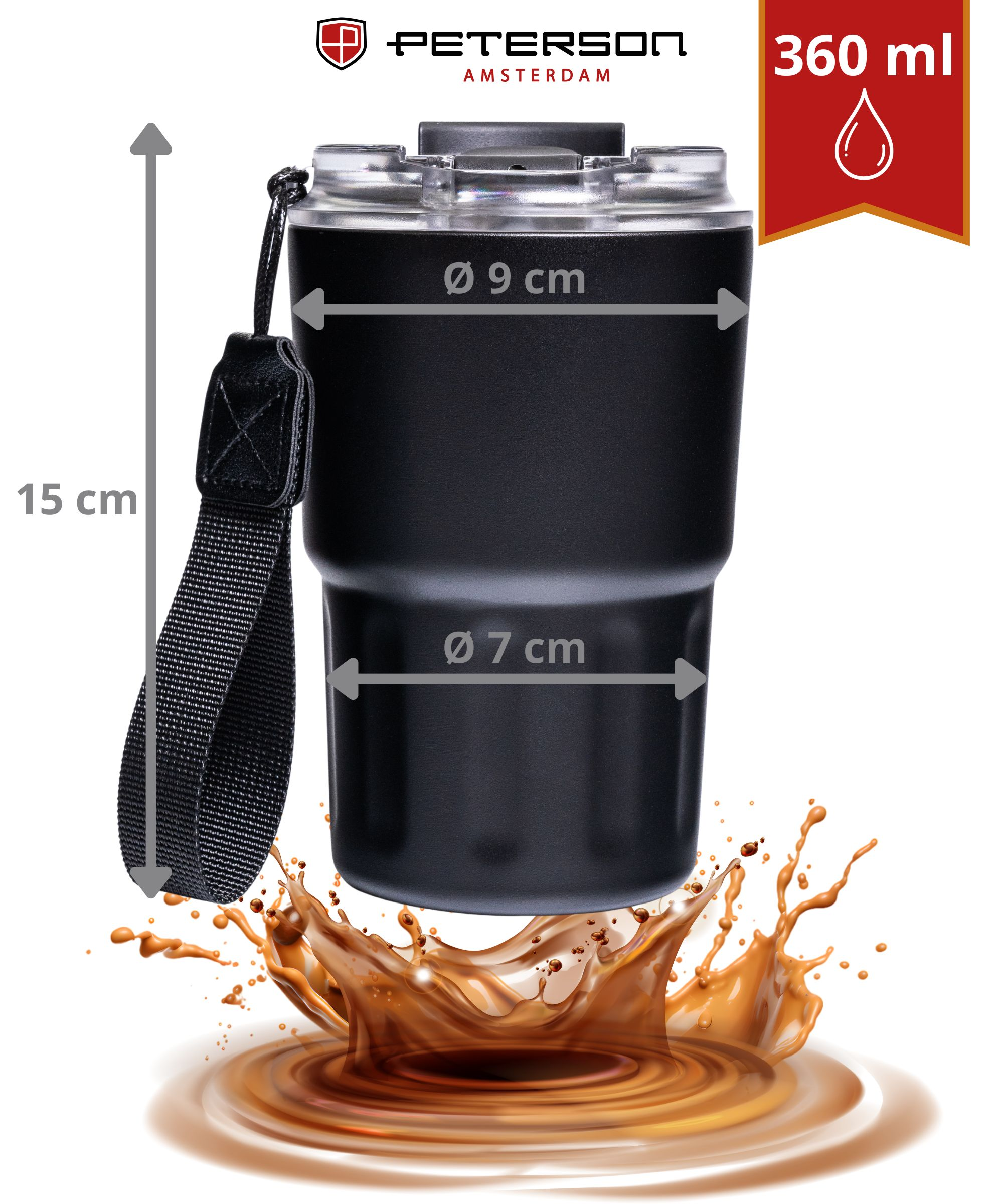 Czarny kubek Peterson (360 ml) z uchwytem i plamą kawy.
