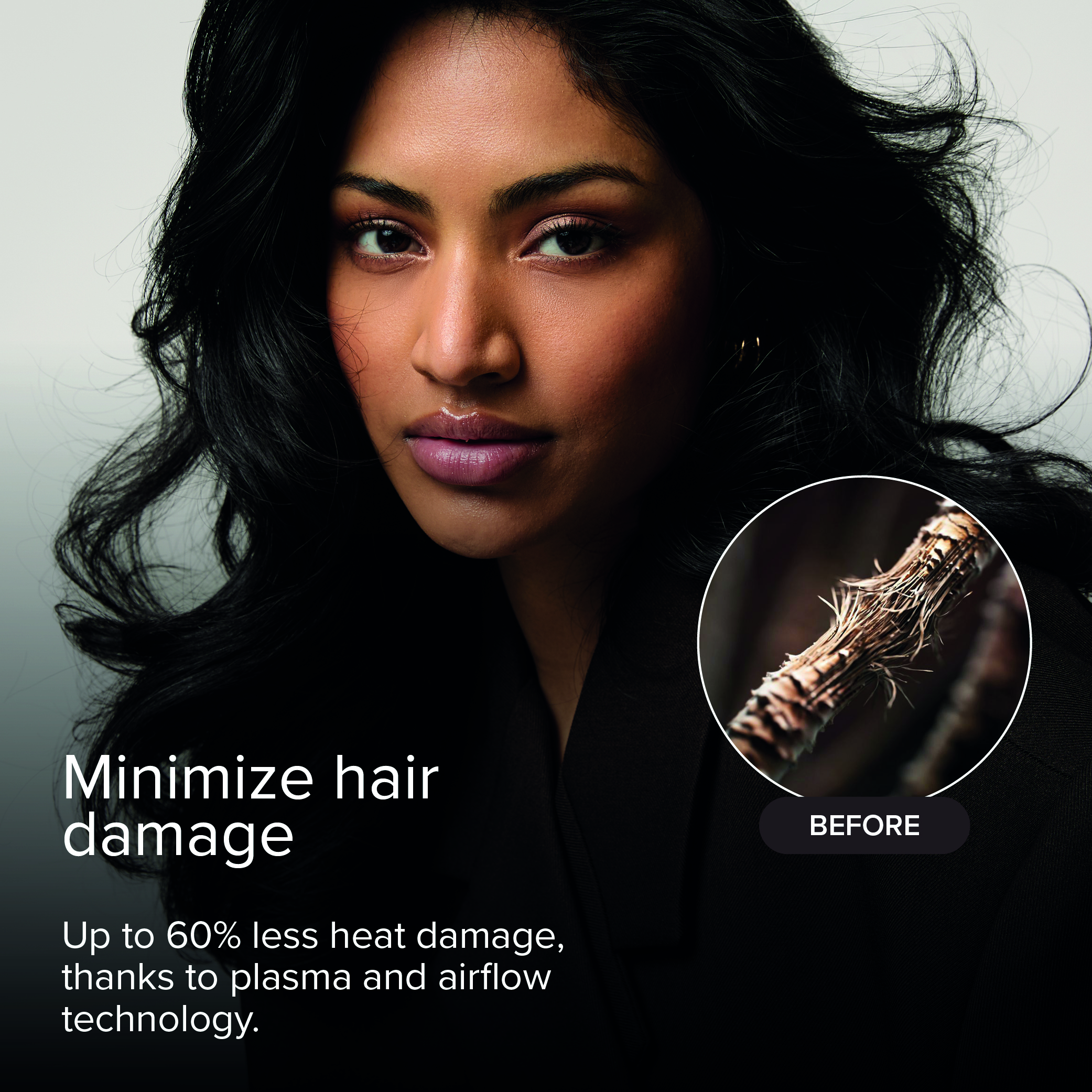 Femme aux cheveux sombres, détail pointes fourchues, texte « Minimiser les dommages capillaires ».