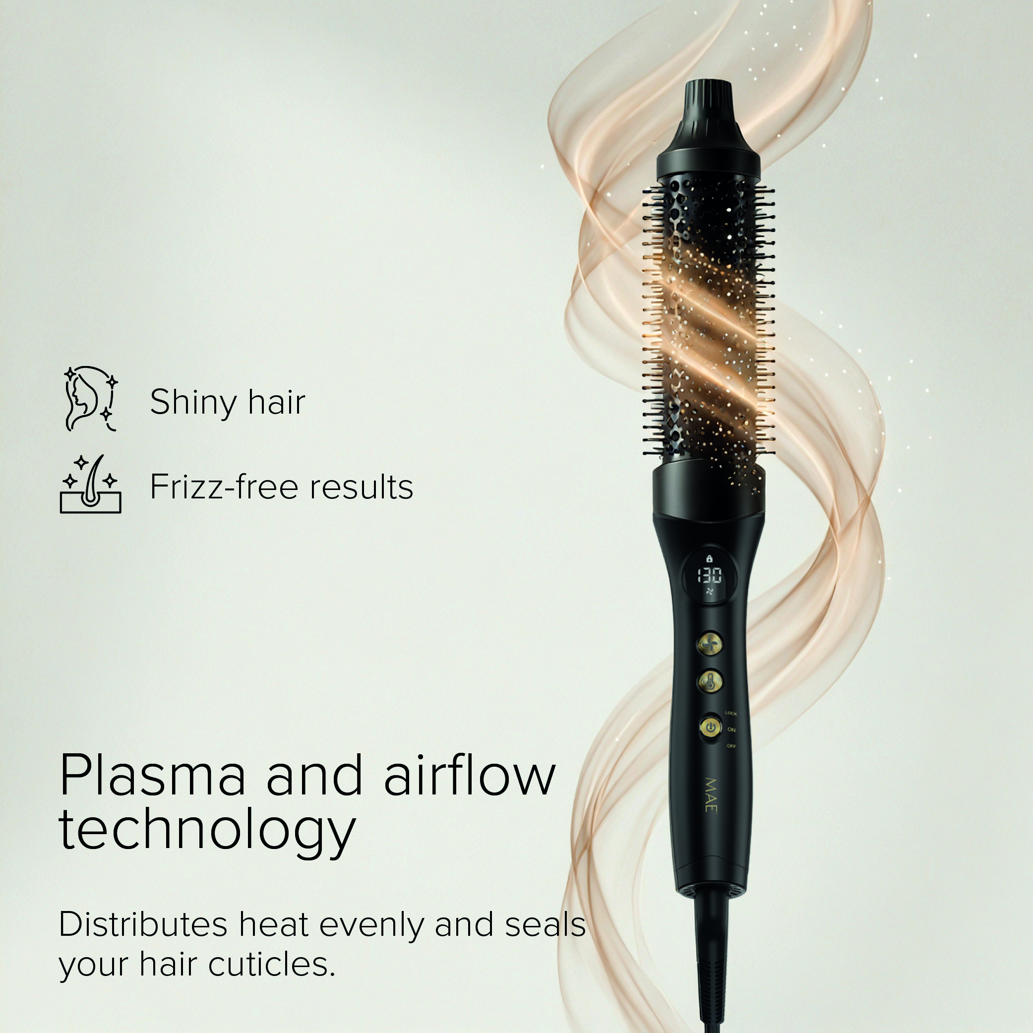 Brosse coiffante noire avec technologie plasma pour des résultats brillants et sans frisottis.
