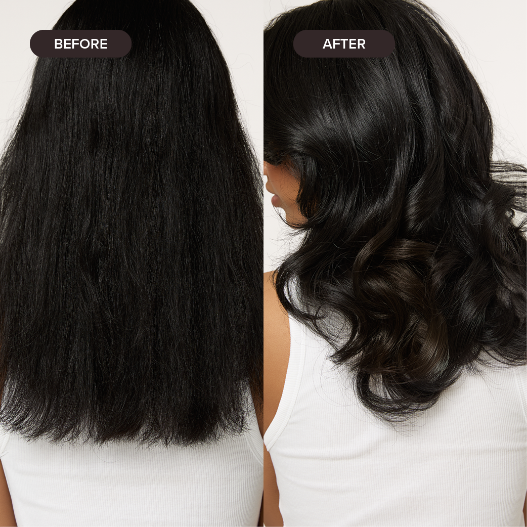 Comparaison avant/après : cheveux sombres lisses se transforment en ondulations volumineuses.