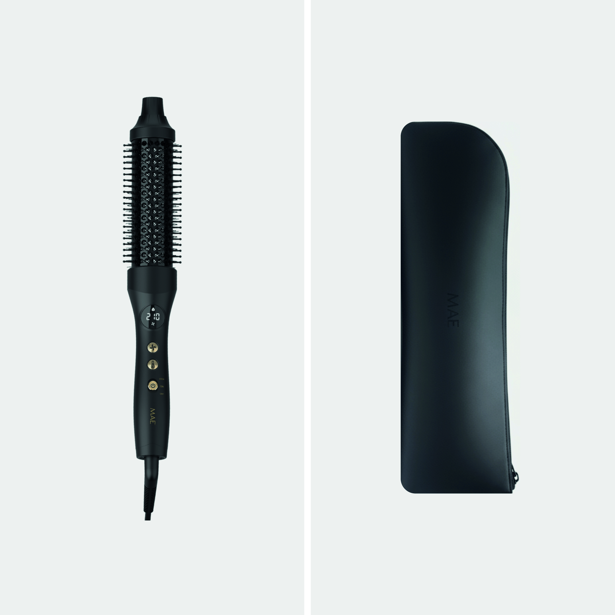 Fer à friser électrique noir avec réglages numériques à côté d'un étui de protection noir.