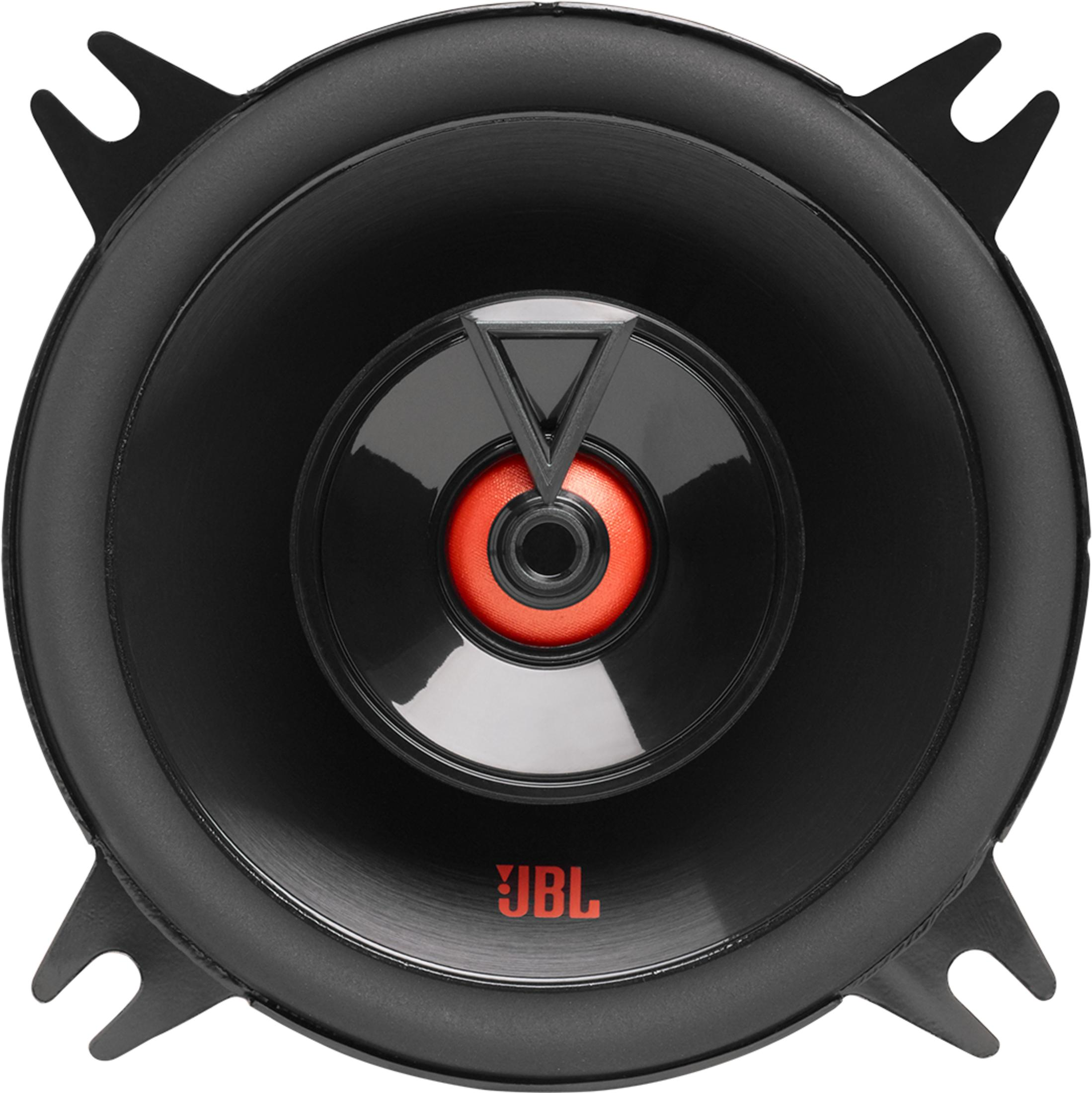 Zwarte luidspreker met rode midden en JBL-logo.