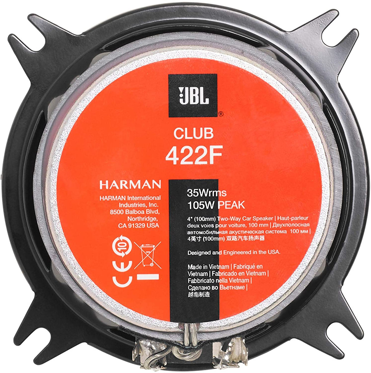 JBL 422F auto speaker, 100mm, 35W RMS, 105W piek, gemaakt in Vietnam.