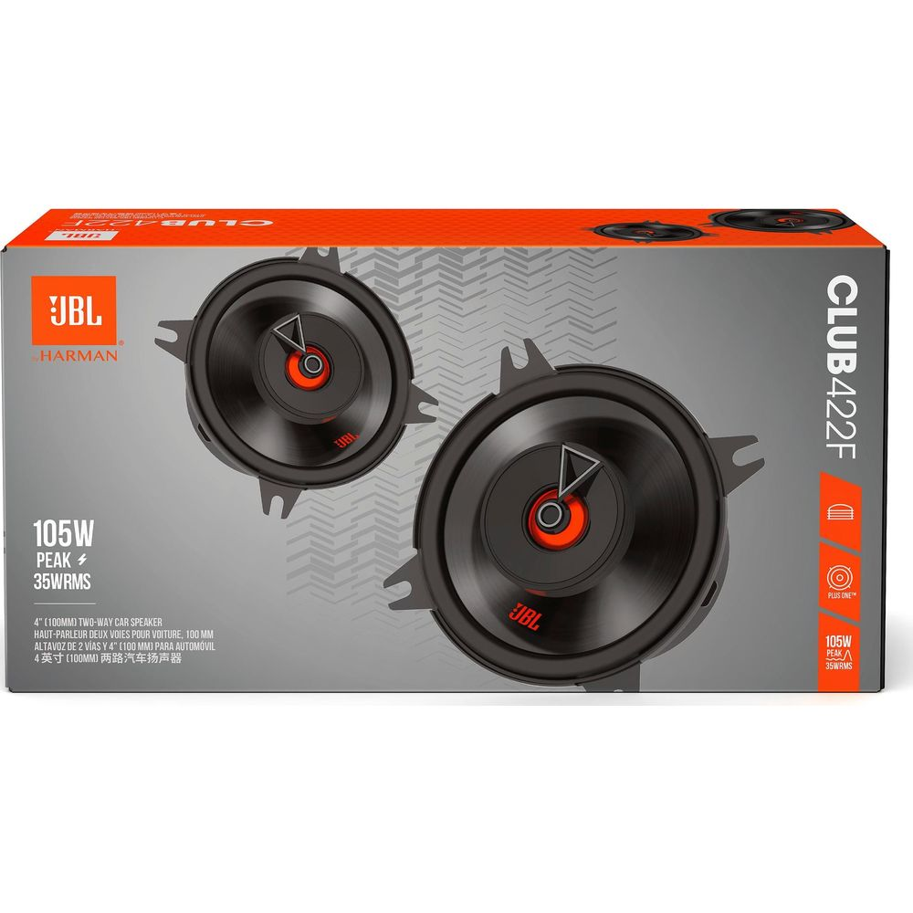 JBL 4-inch tweeweg autoluidsprekers op verpakking, 105W piek.