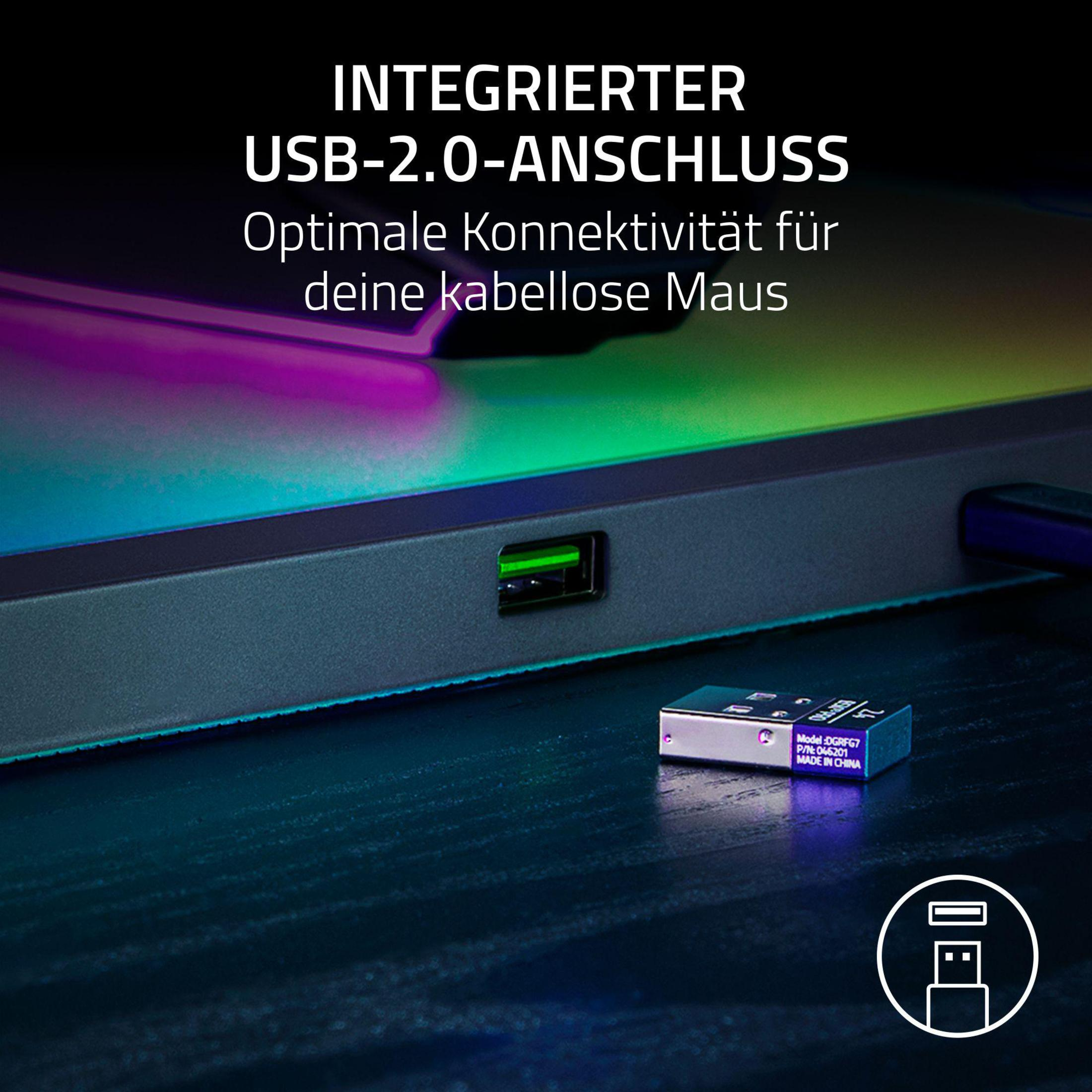 Un dongle USB 2.0 se encuentra ante un puerto USB con iluminación RGB.