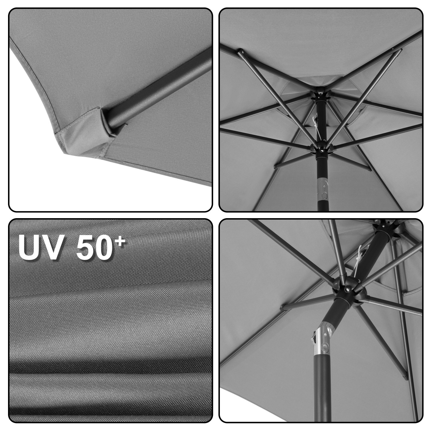Zbliżenia szarego parasola z metalowym stelażem i ochroną UV 50+.
