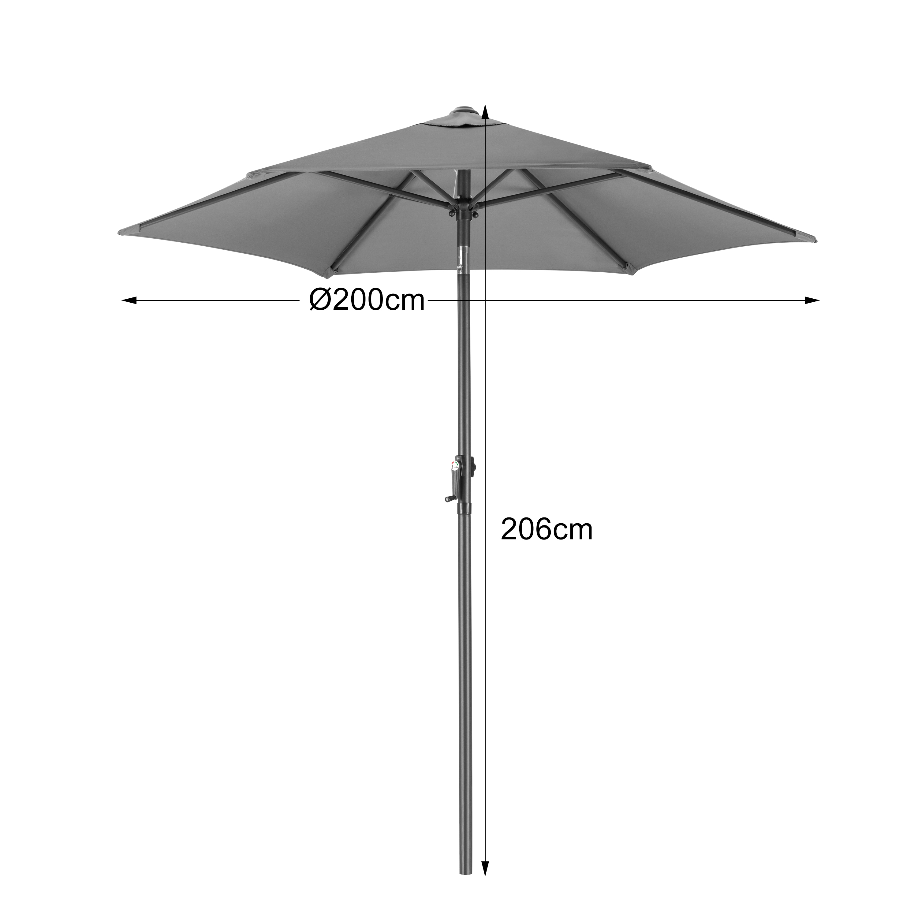 Szary parasol ogrodowy o średnicy 200cm i wysokości 206cm.