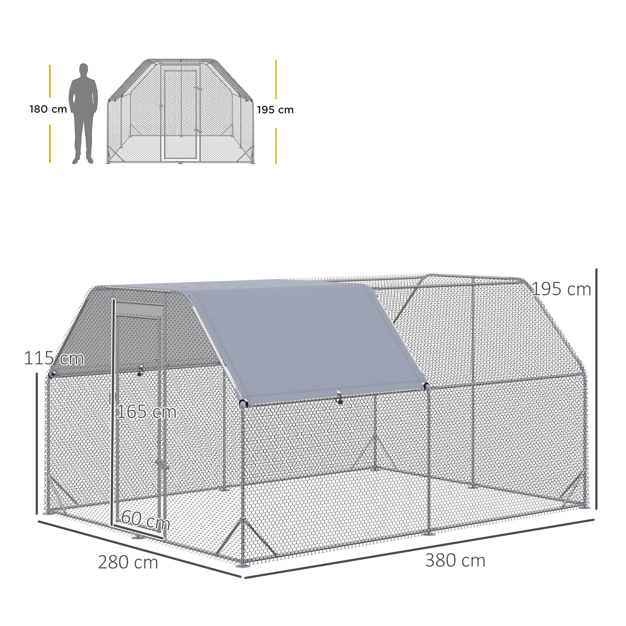 Un corral grande y rectangular para pollos de malla de alambre con lona gris, se muestran las dimensiones.