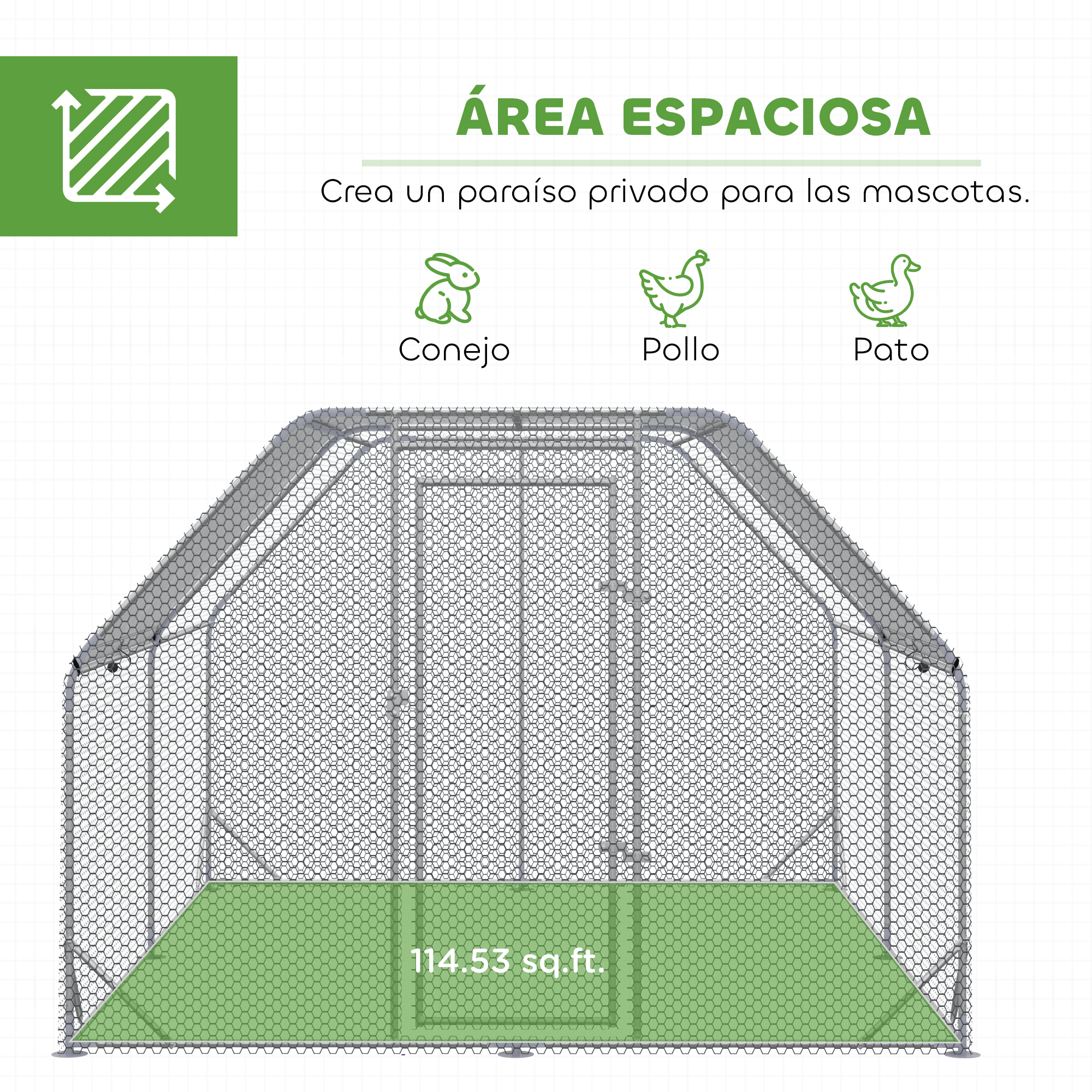 Un recinto espacioso de 114.53 pies cuadrados para mascotas, con iconos de conejo, pollo y pato.