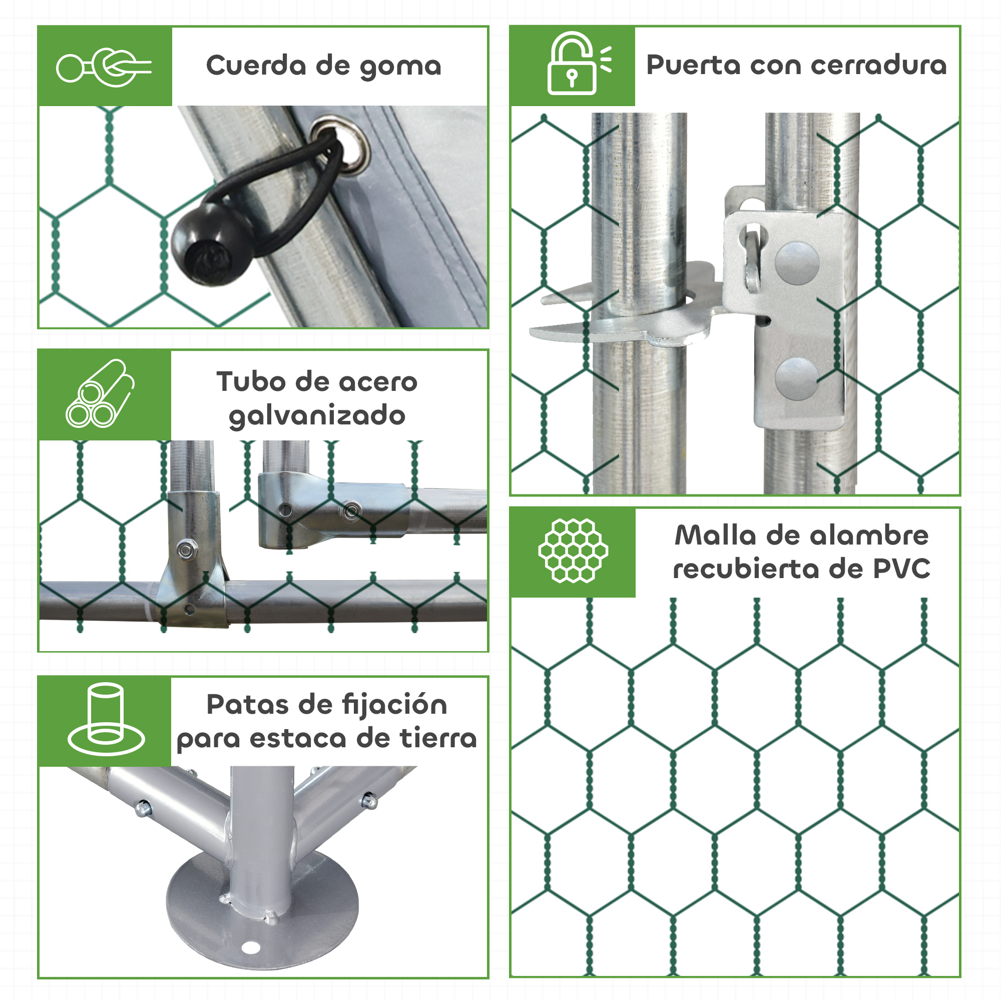 Resumen de las partes de un recinto de malla de alambre con cerradura y fijaciones.