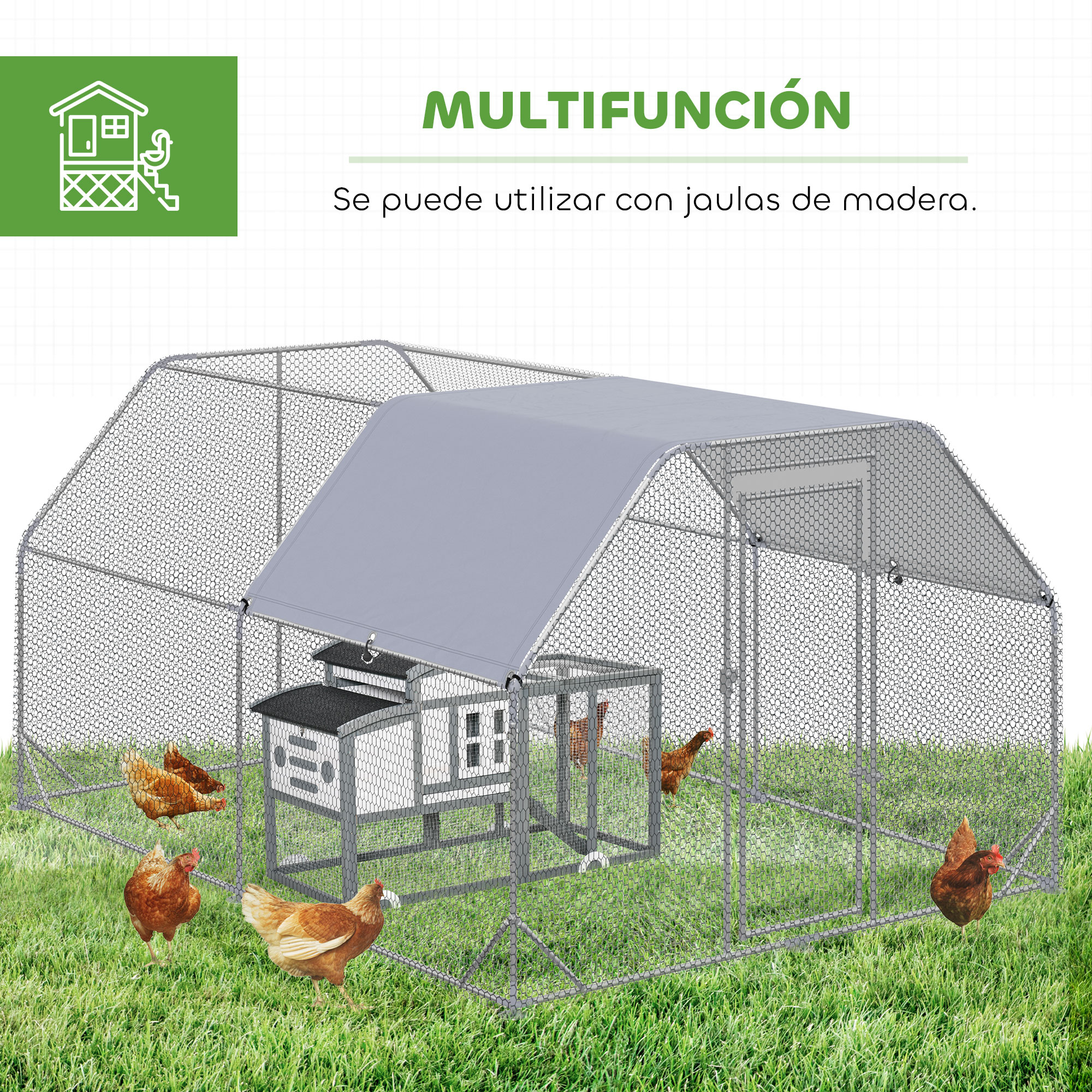 Un gallinero grande con varias gallinas sobre hierba verde.