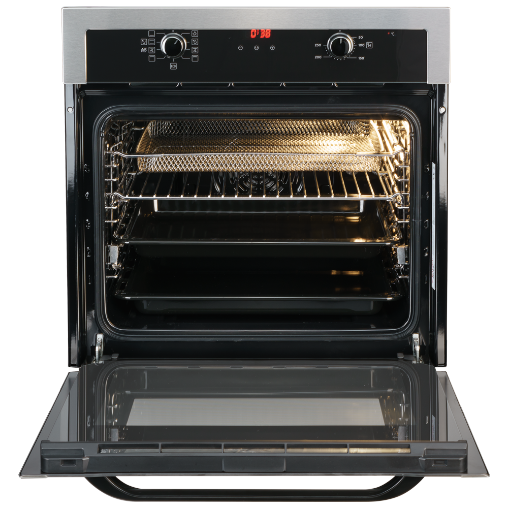 Un horno moderno con la puerta abierta y la luz interior encendida.
