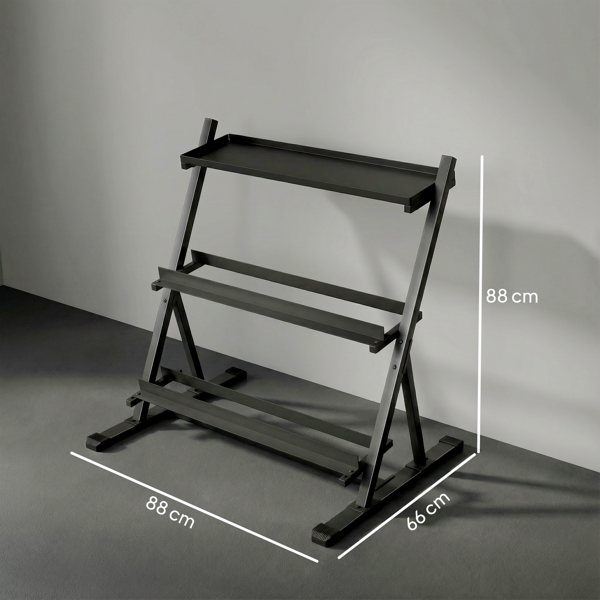 Un estante negro de tres niveles de 88x66x88 cm está sobre suelo gris.