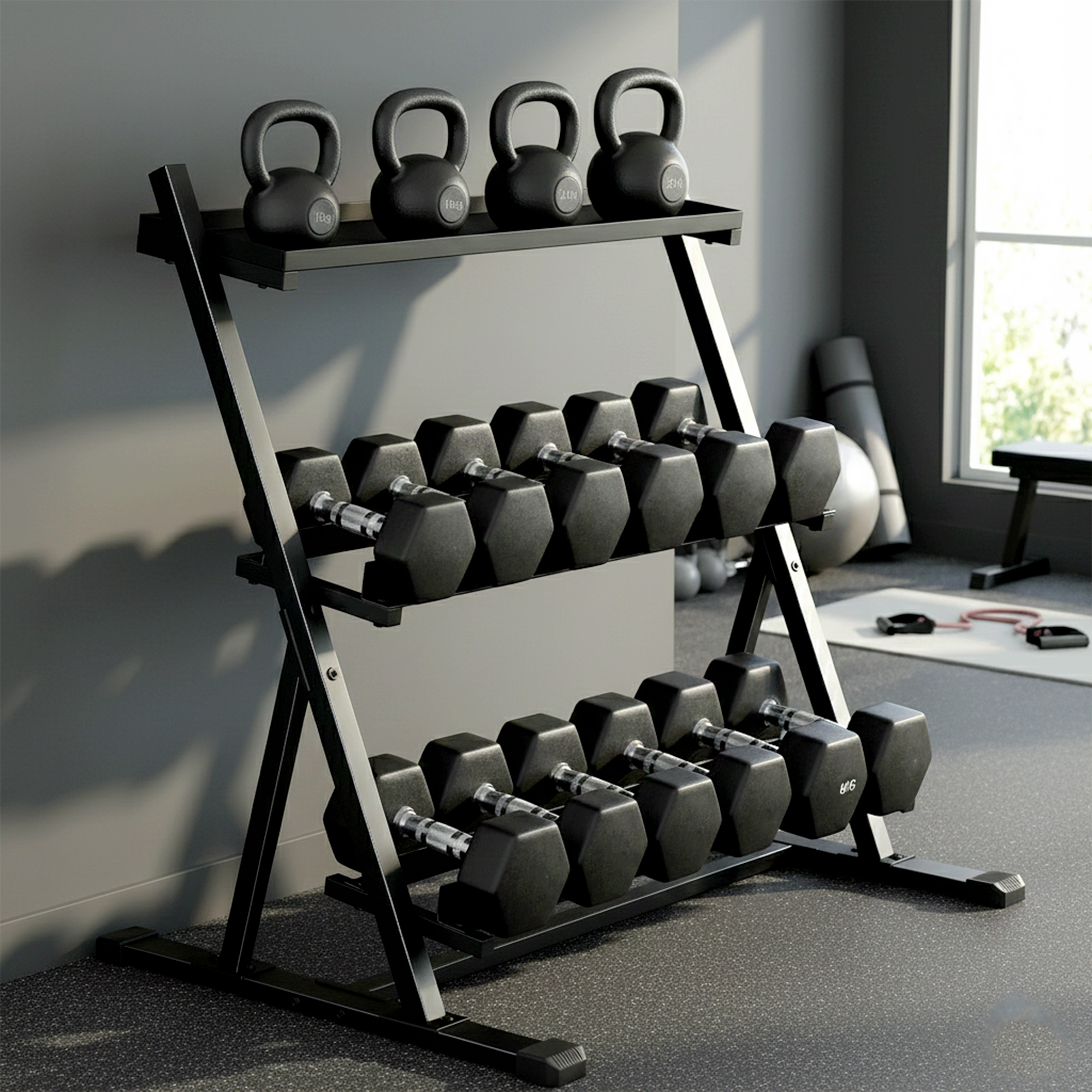 Un rack negro con pesas rusas y mancuernas en un gimnasio.