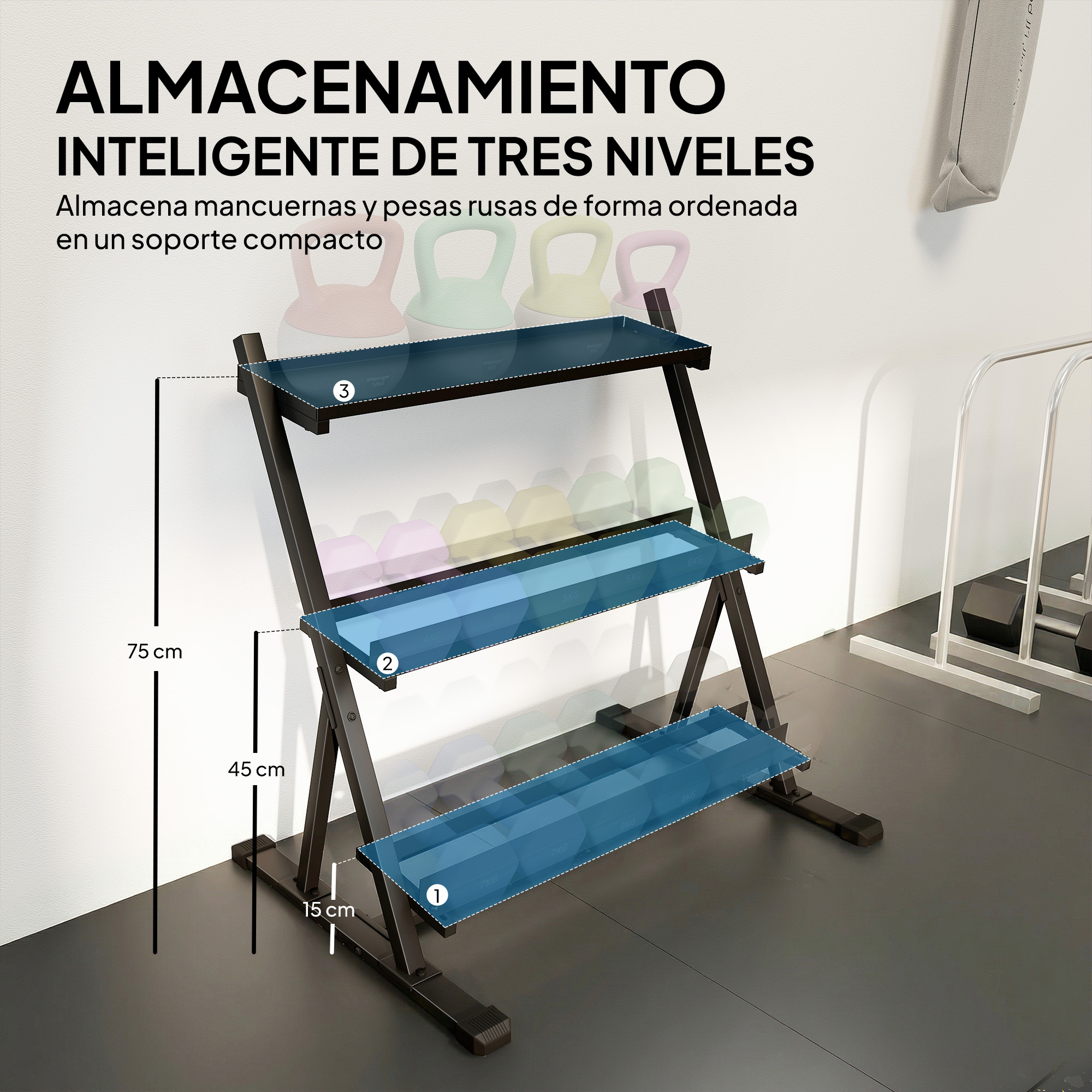 Un estante negro de tres niveles para mancuernas y pesas rusas, mide 75x45x15 cm.