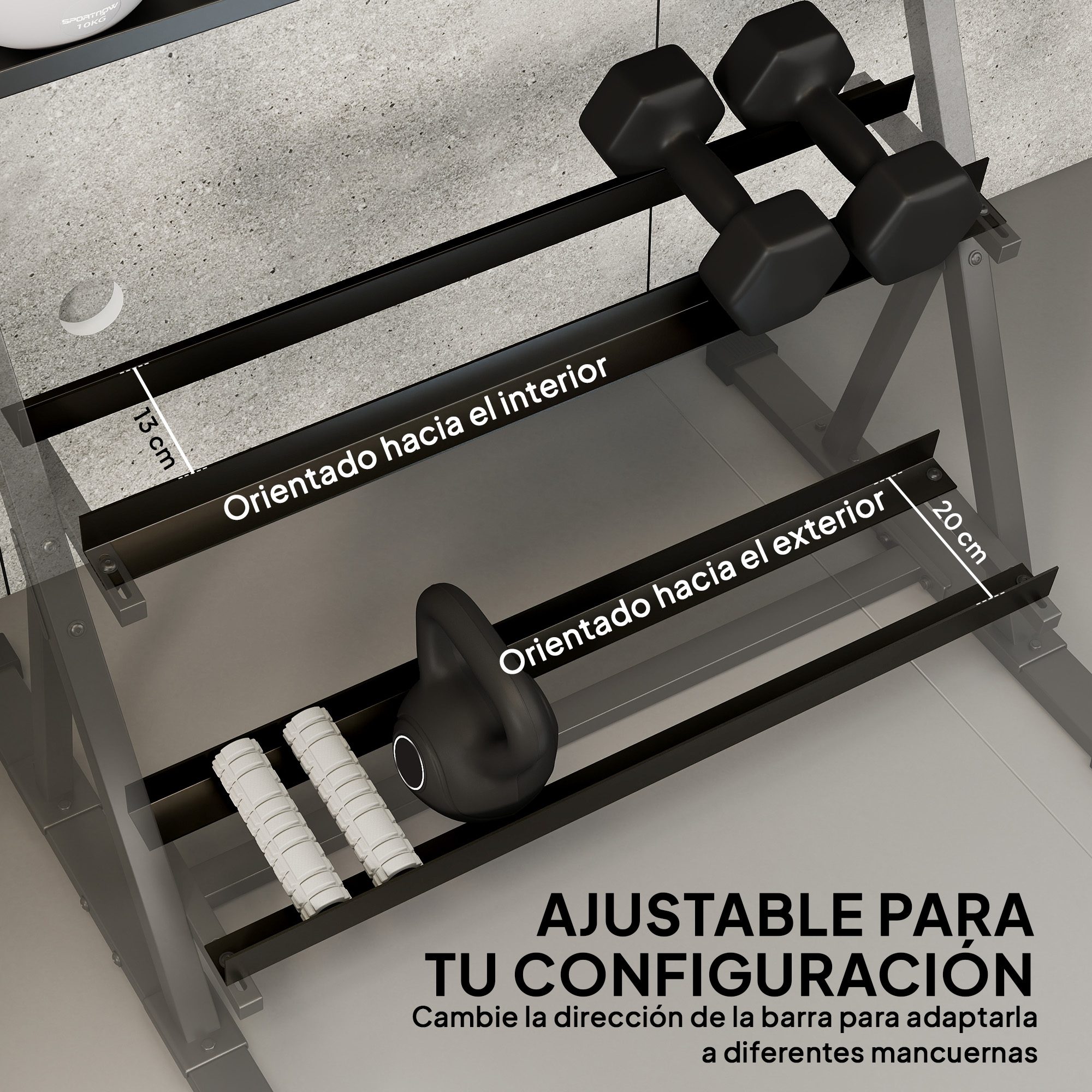 Rack de mancuernas con mancuernas, pesa rusa y toallas. Se muestran medidas.