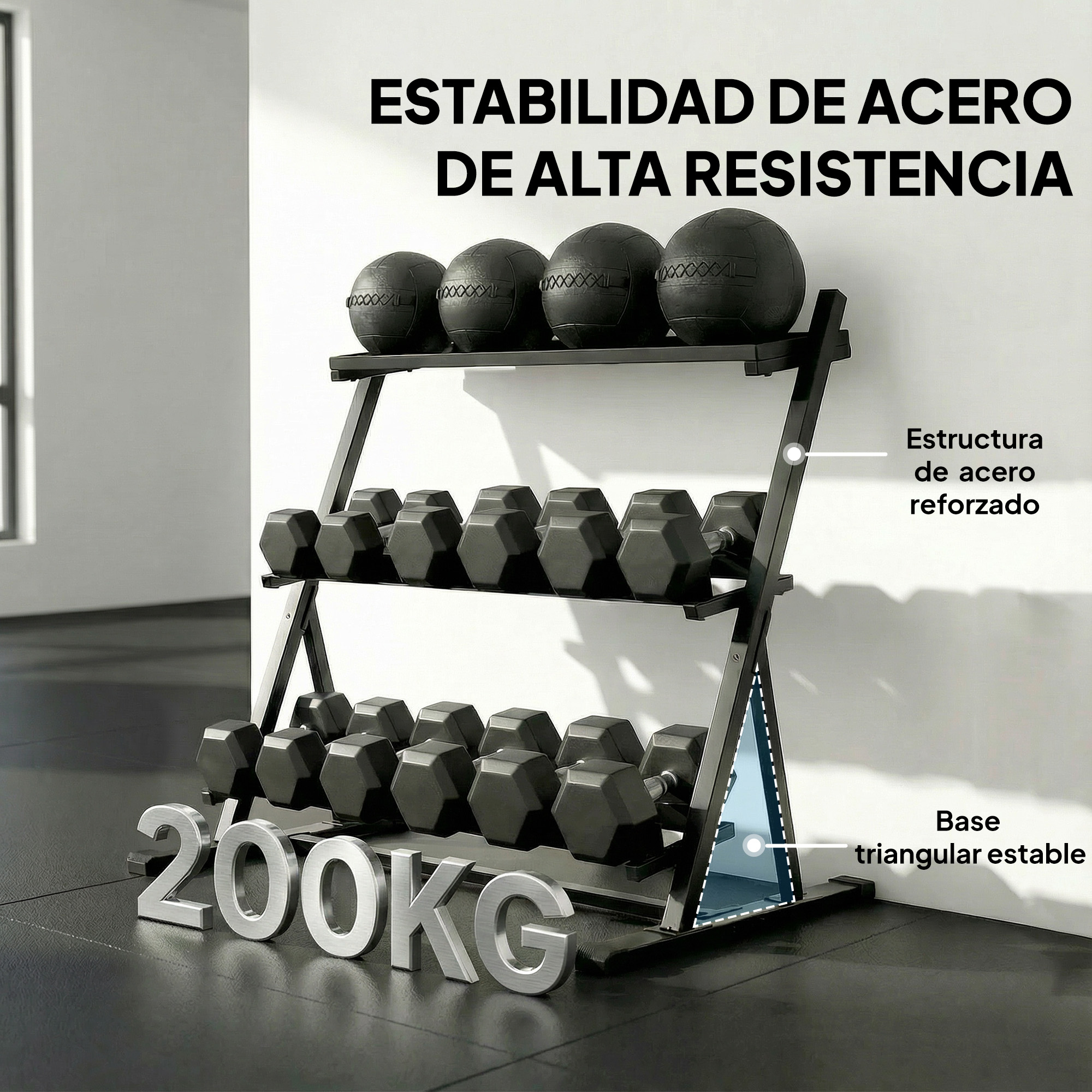 Un estante de tres niveles con mancuernas y balones medicinales negros. "200KG" delante.
