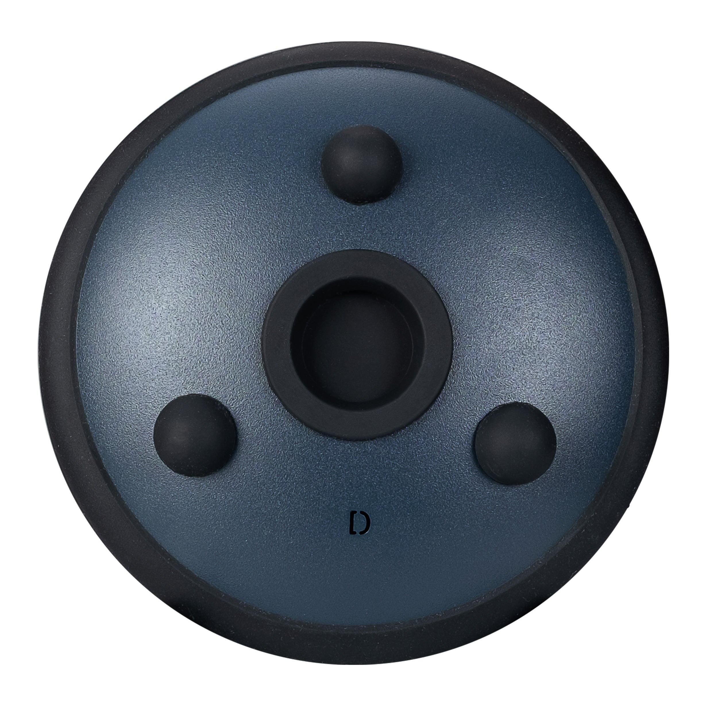 Üç siyah düğmeli, siyah kenarlı koyu mavi handpan.
