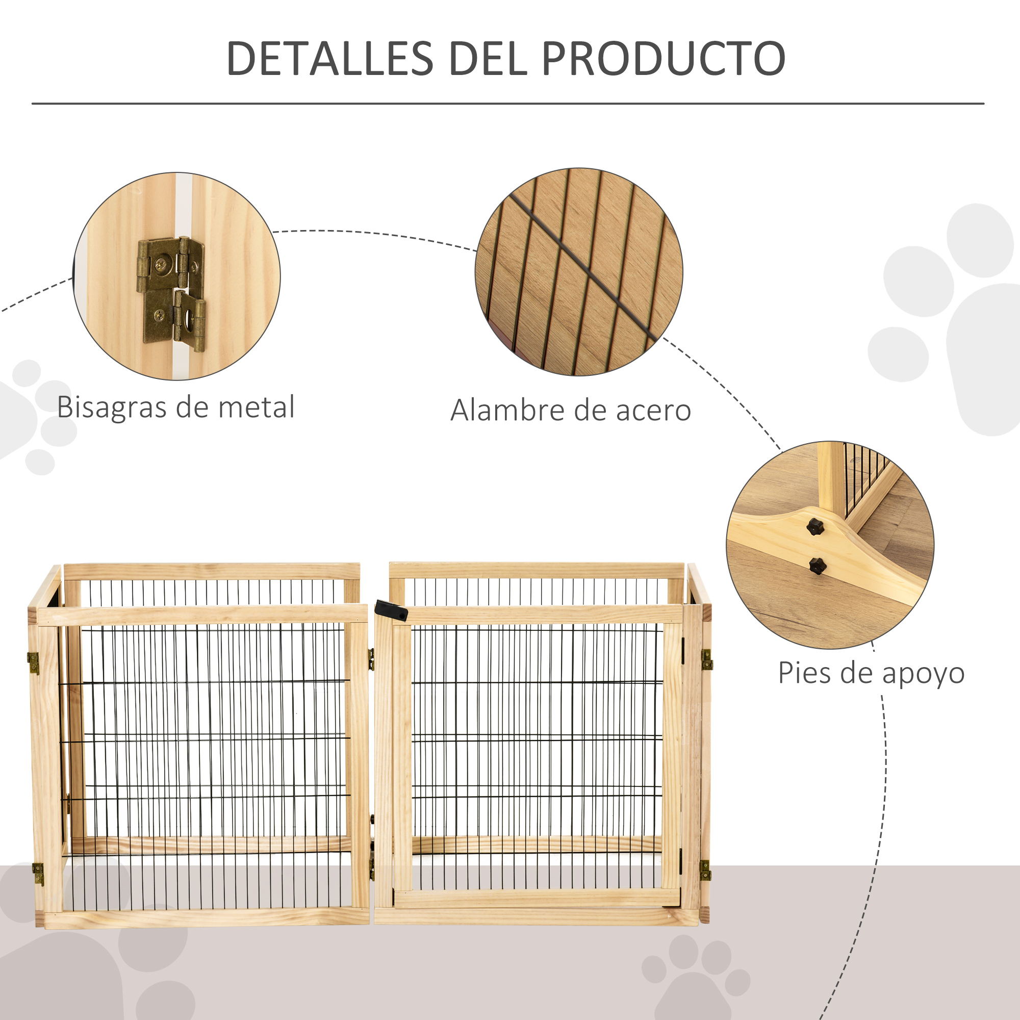 Puerta de madera con bisagras metálicas, alambre de acero y patas.