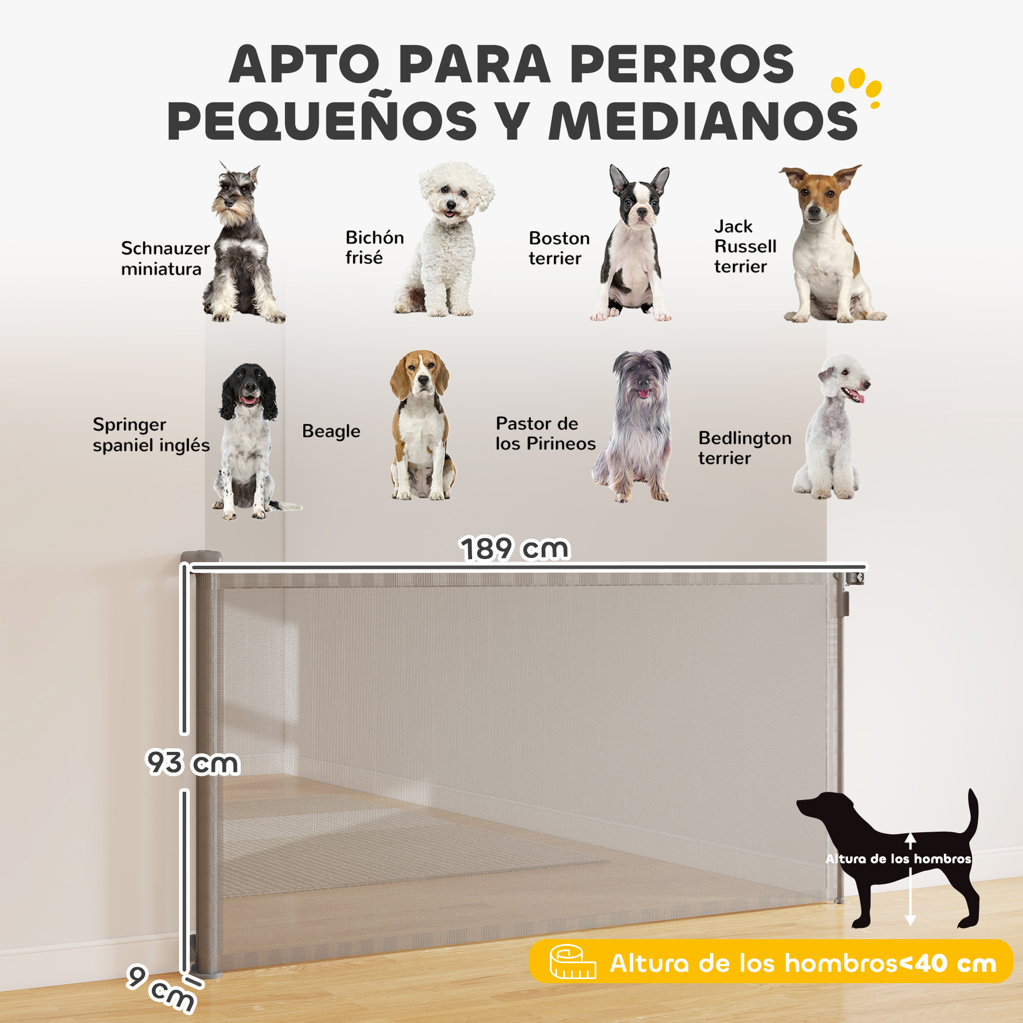 Puerta para perros con imágenes de perros pequeños y medianos.