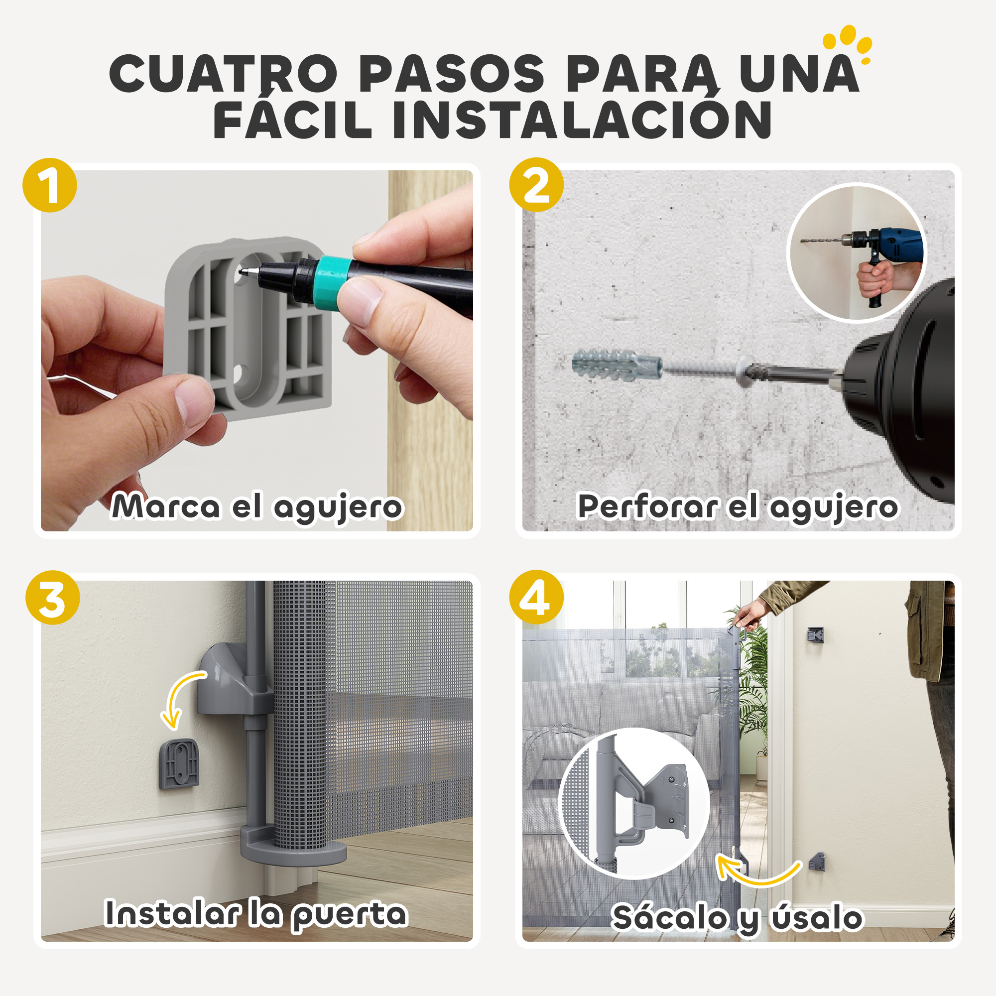 Cuatro pasos: Marcar agujero, taladrar, instalar puerta, y usar.