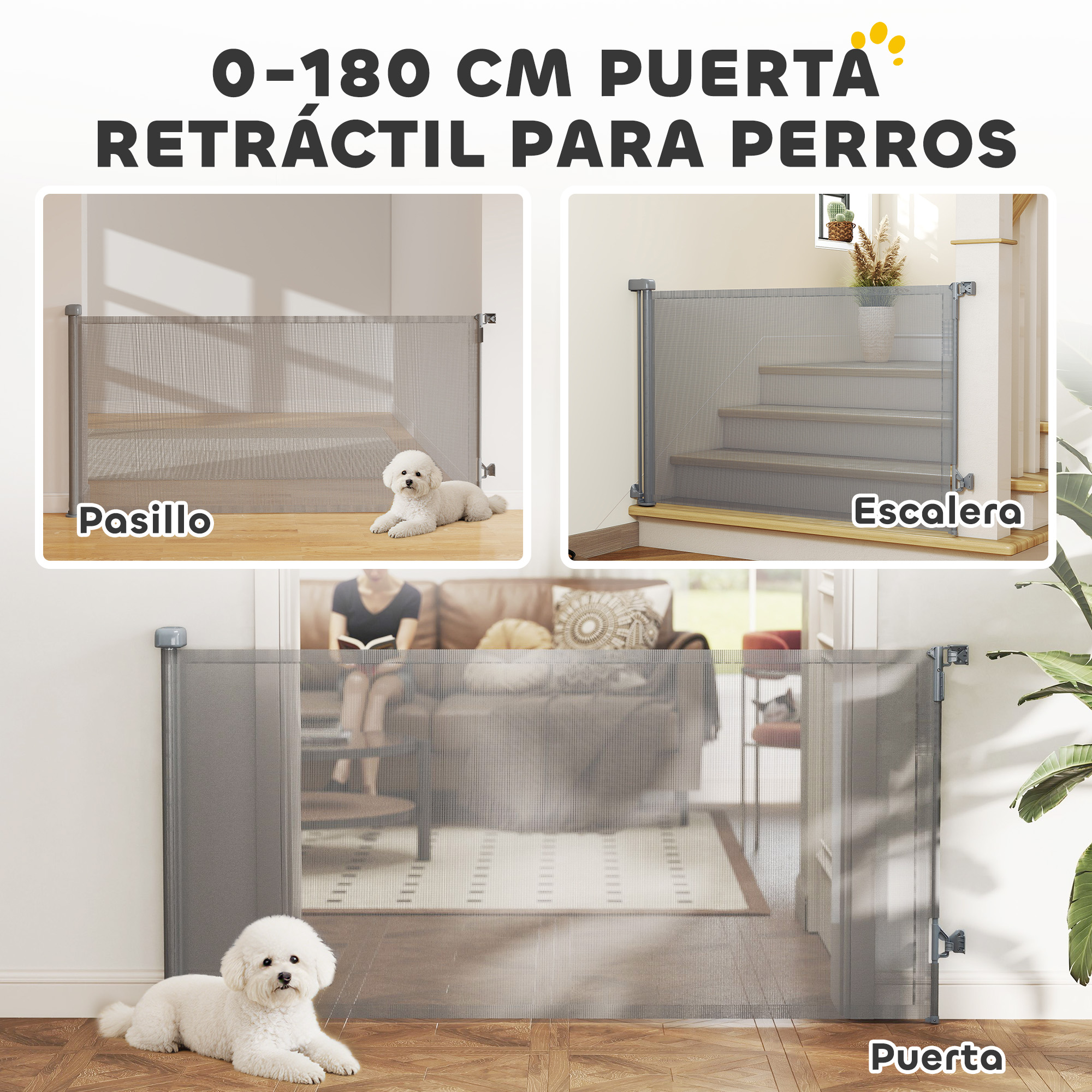 Un perro yace ante una puerta para perros en pasillo, escalera y sala.