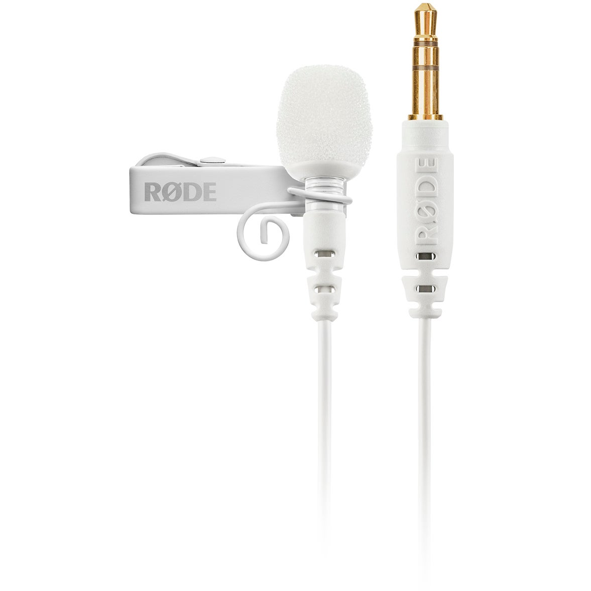 Ein weißes Ansteckmikrofon mit Kabel und 3,5-mm-Stecker auf weißem Grund.