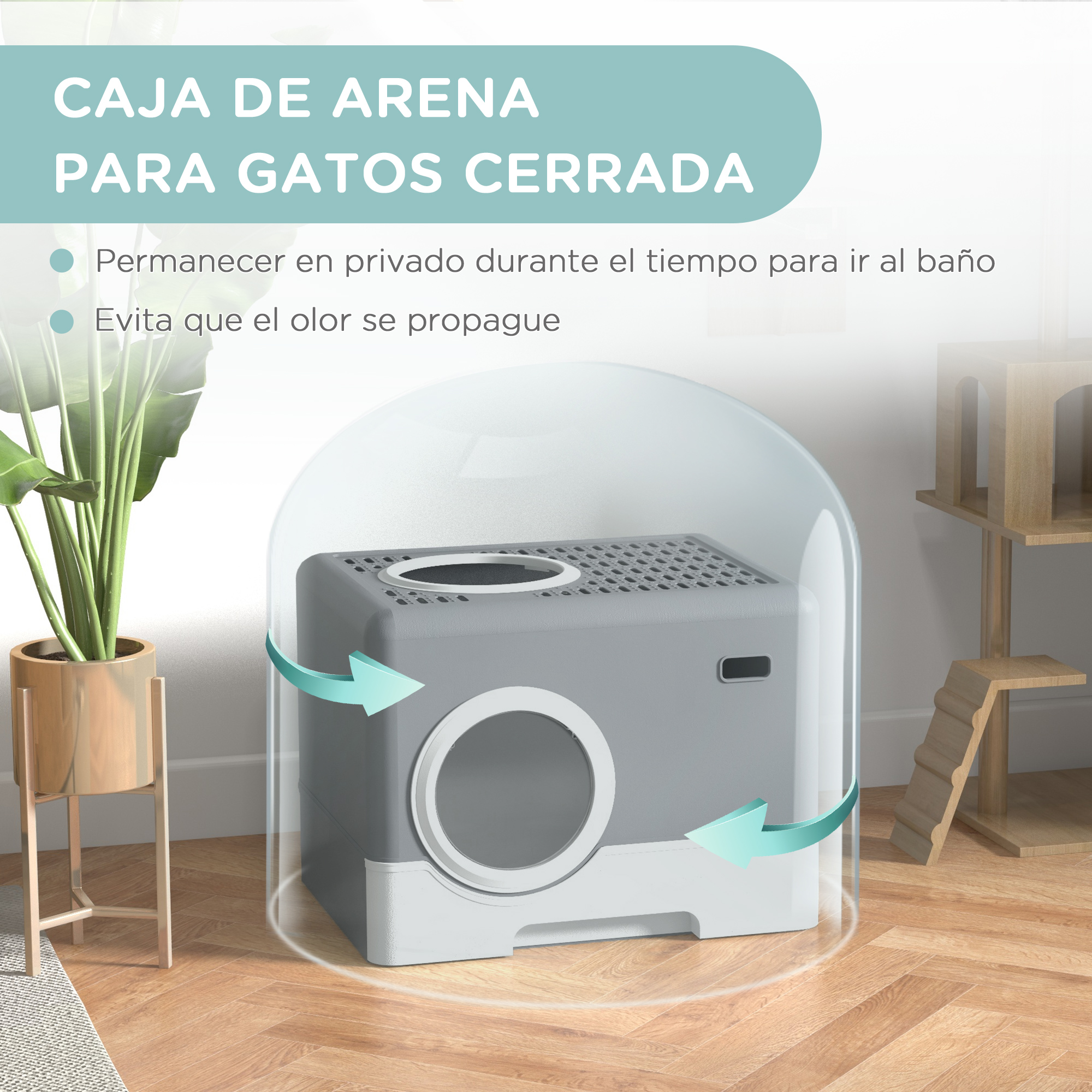 Arenero cerrado para gatos con flechas de circulación de aire y planta.