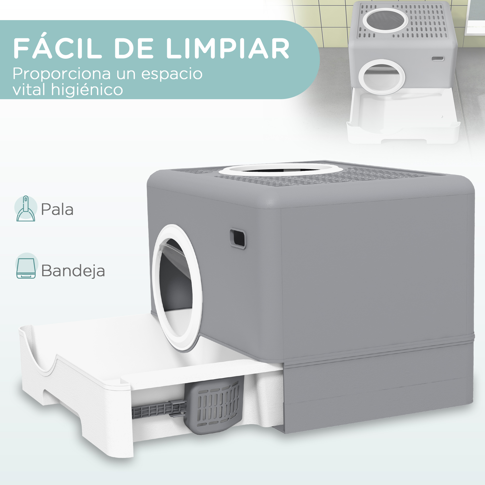 Arenero gris para gatos con cajón extraíble y rejillas de ventilación superior.