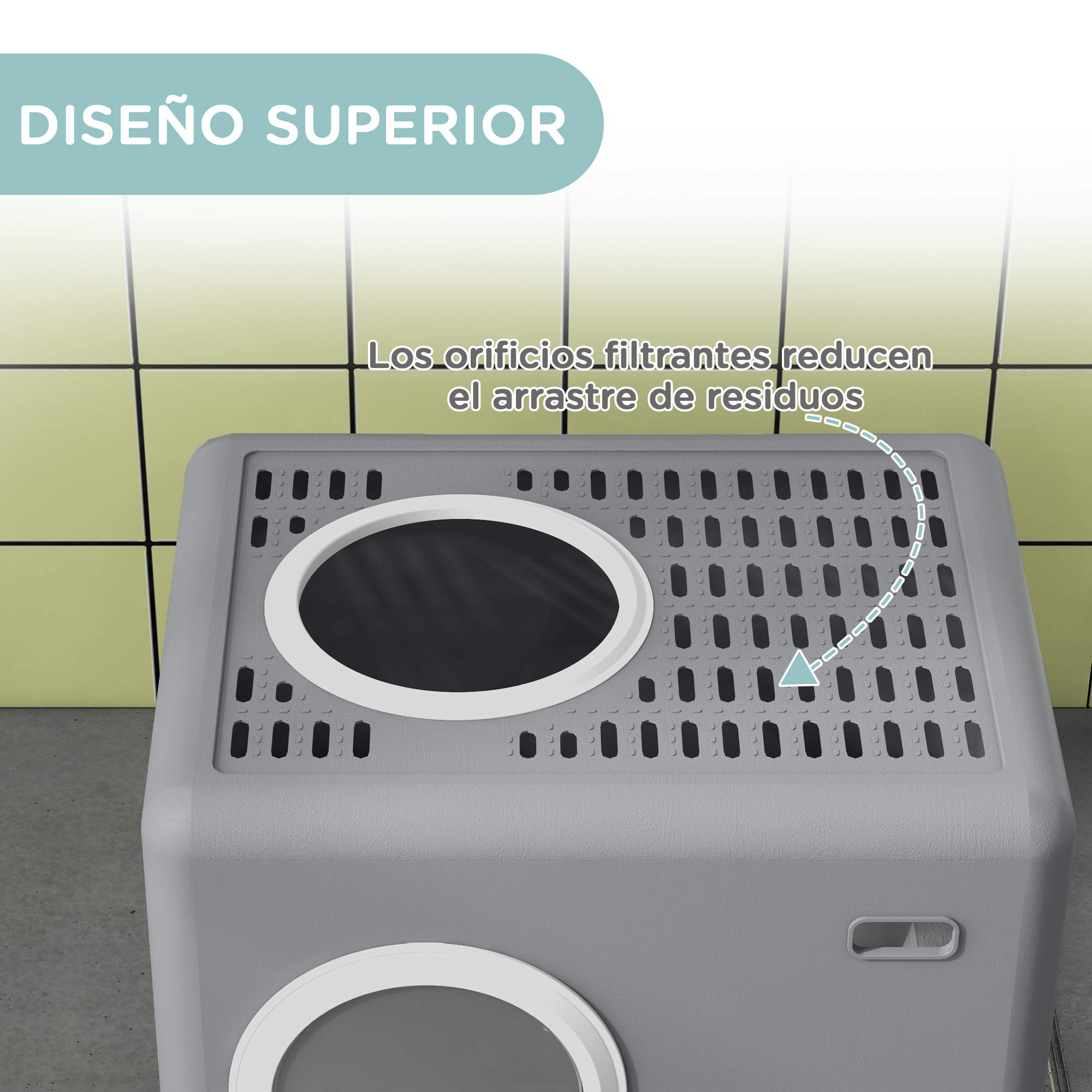 Caja de arena gris con orificios de ventilación y entrada superior.