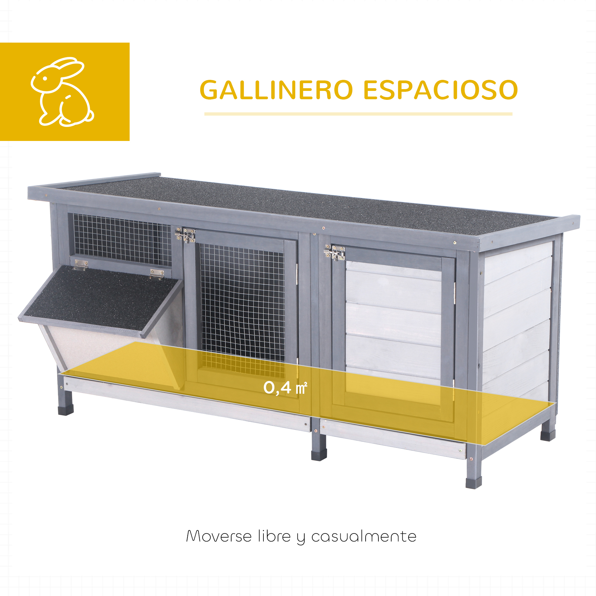 Conejera gris con secciones, puertas de malla y marca de suelo amarilla.