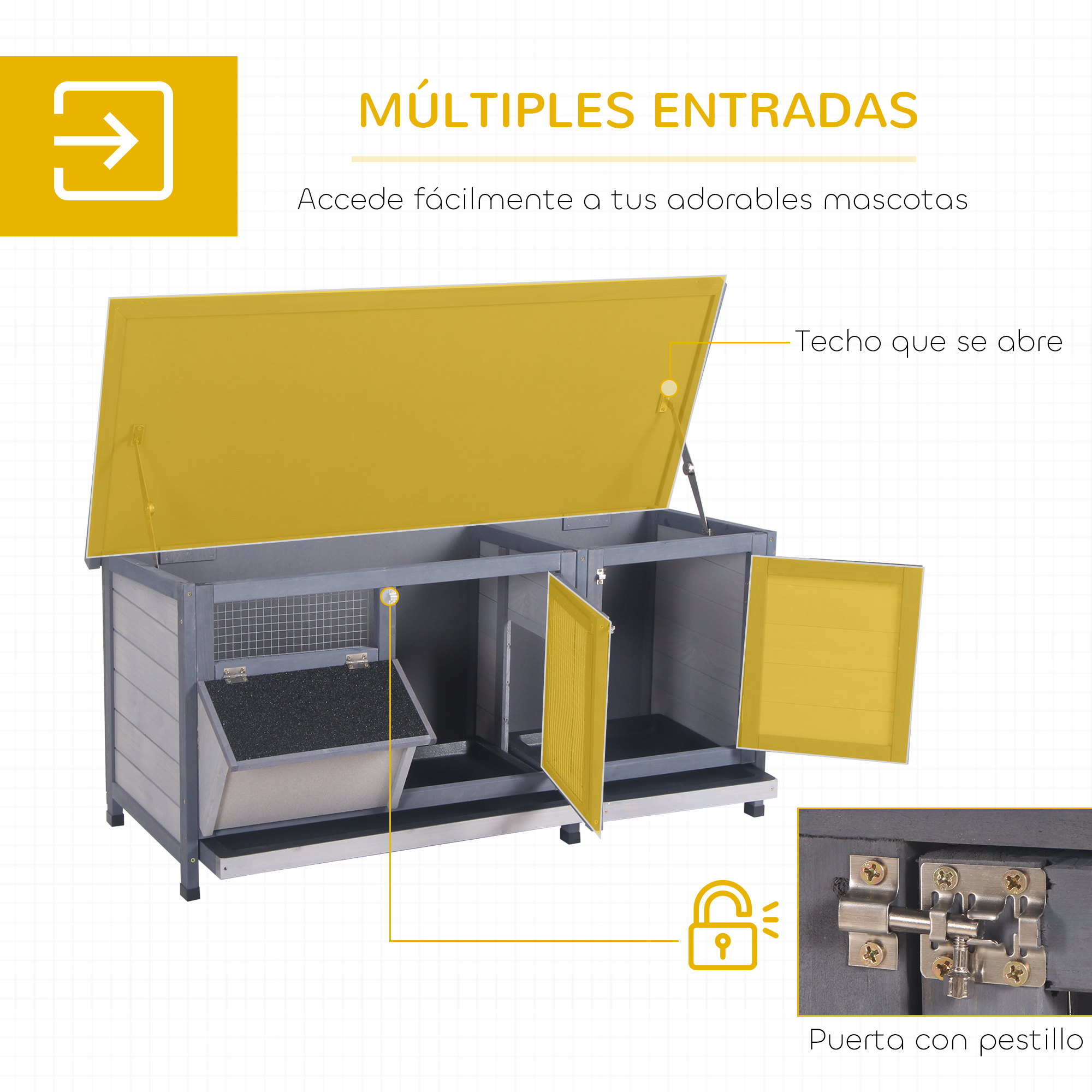 Caseta gris para mascotas con techo y puertas amarillas abatibles.