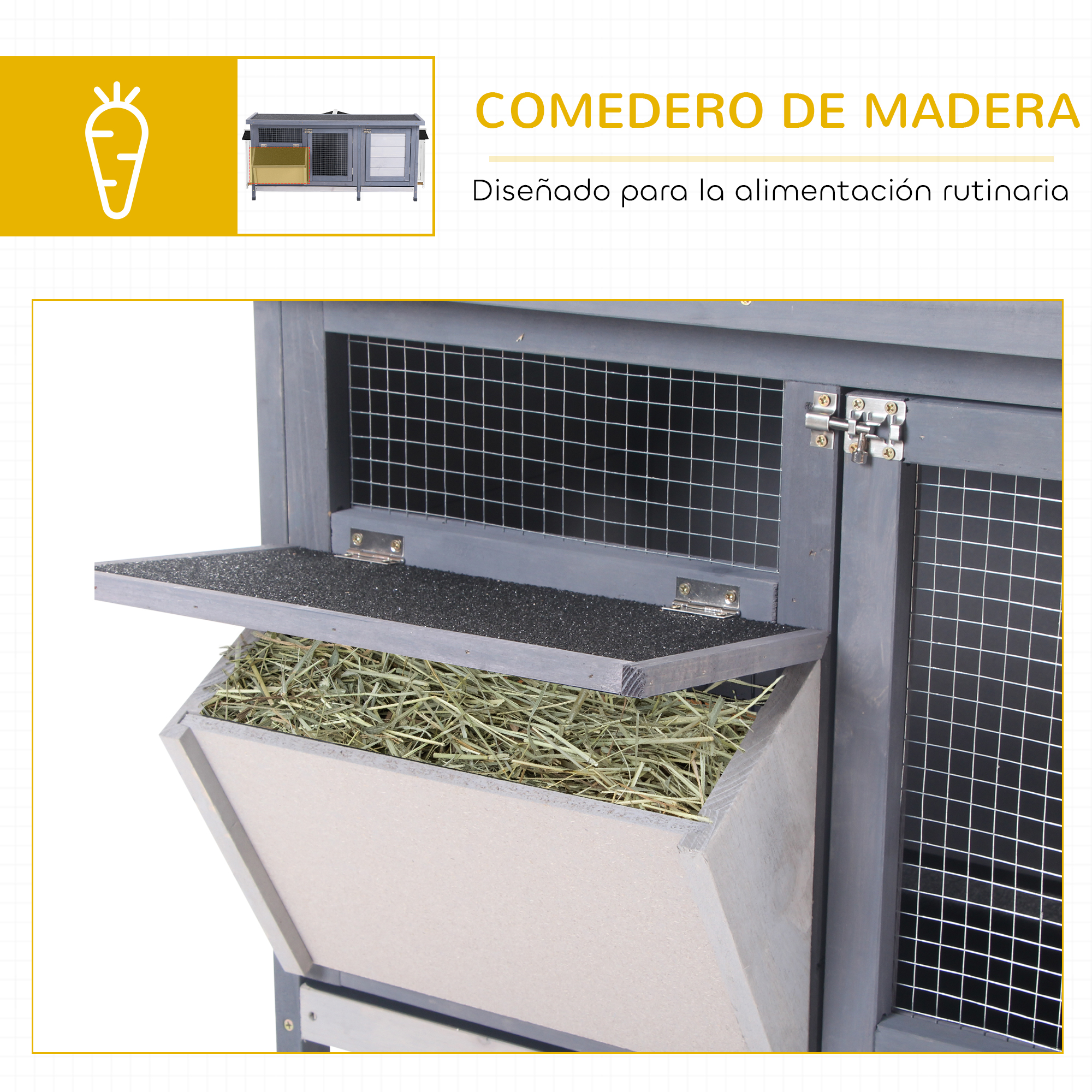 Conejera de madera gris con comedero y puertas de malla.