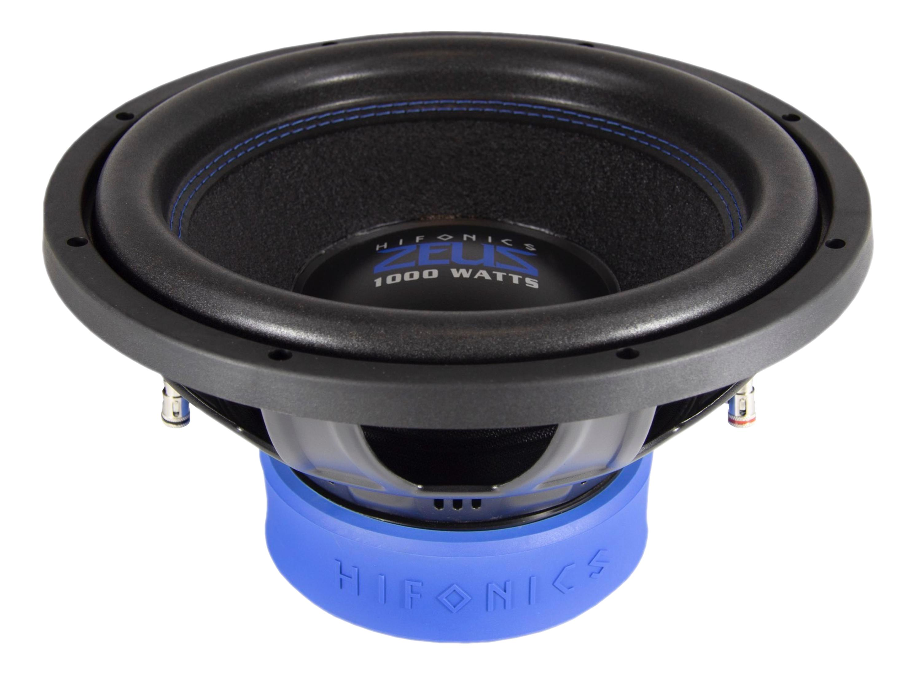 Schwarzer Subwoofer mit blauen Nähten und einem blauen Hifonics-Logo.