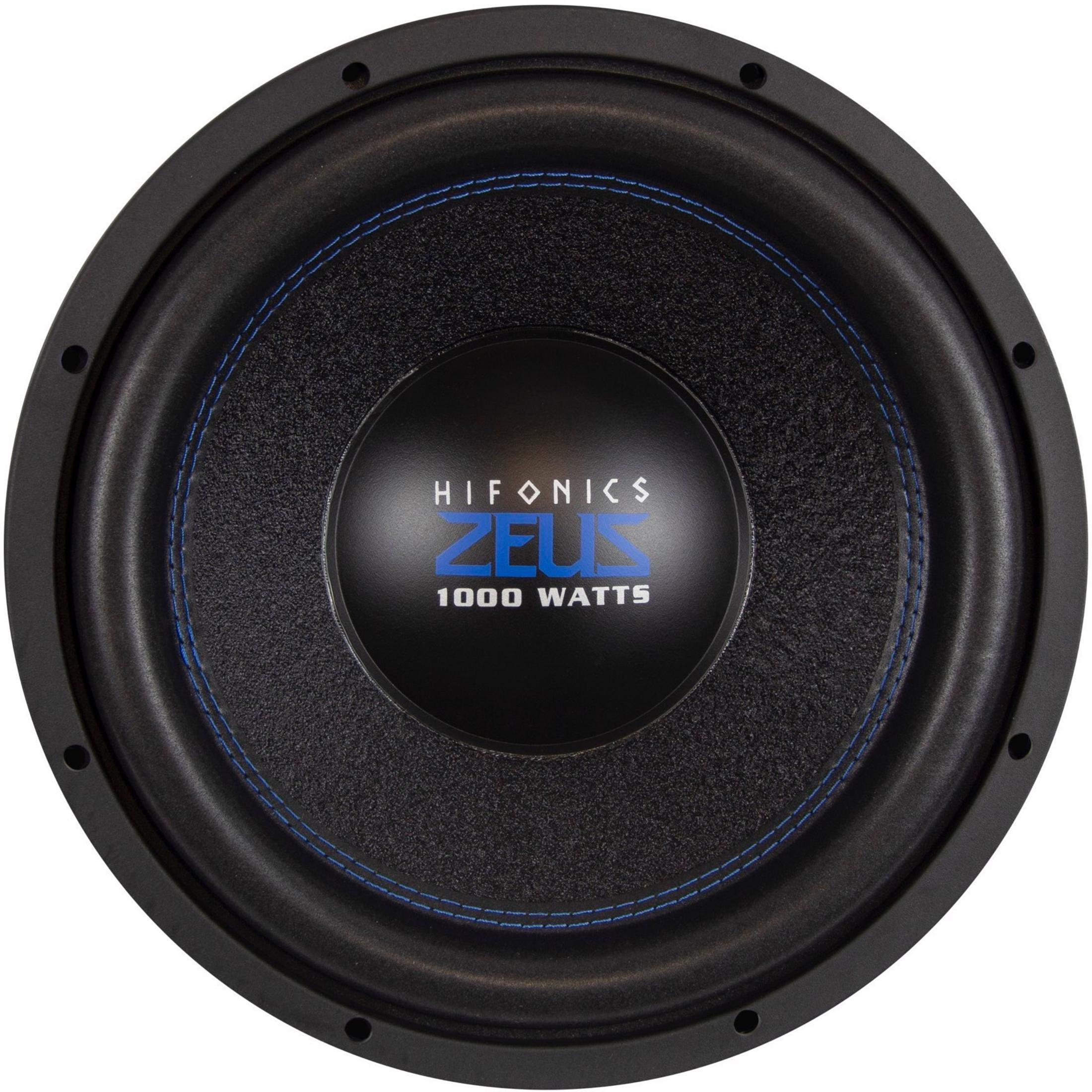 Schwarzer Subwoofer mit blauer Naht und "ZEUS 1000 WATTS" Logo.