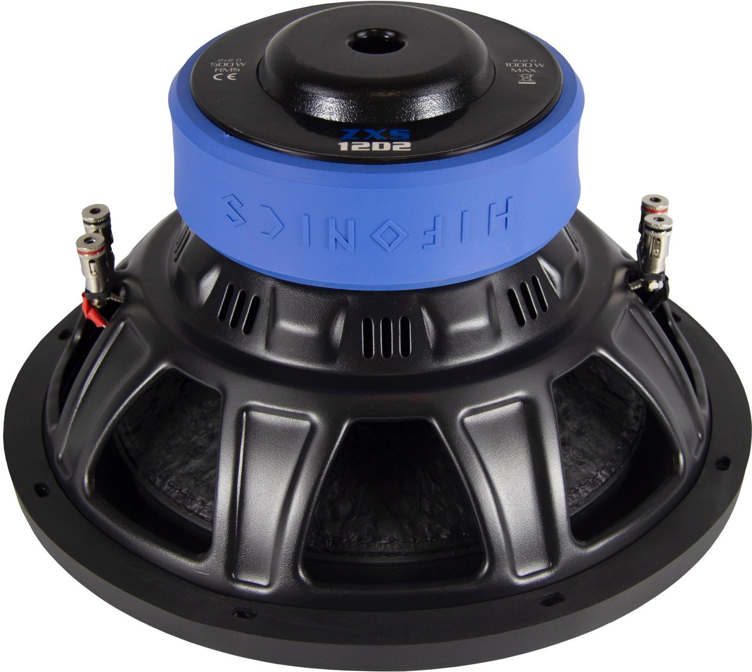 Schwarzer Subwoofer mit blauem Ring und Hifonics-Schriftzug.
