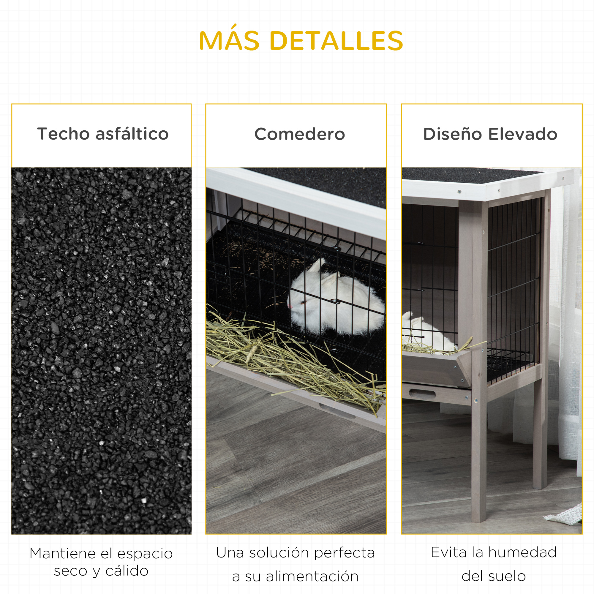 Tres imágenes: techo asfáltico, comedero con conejo, diseño elevado.