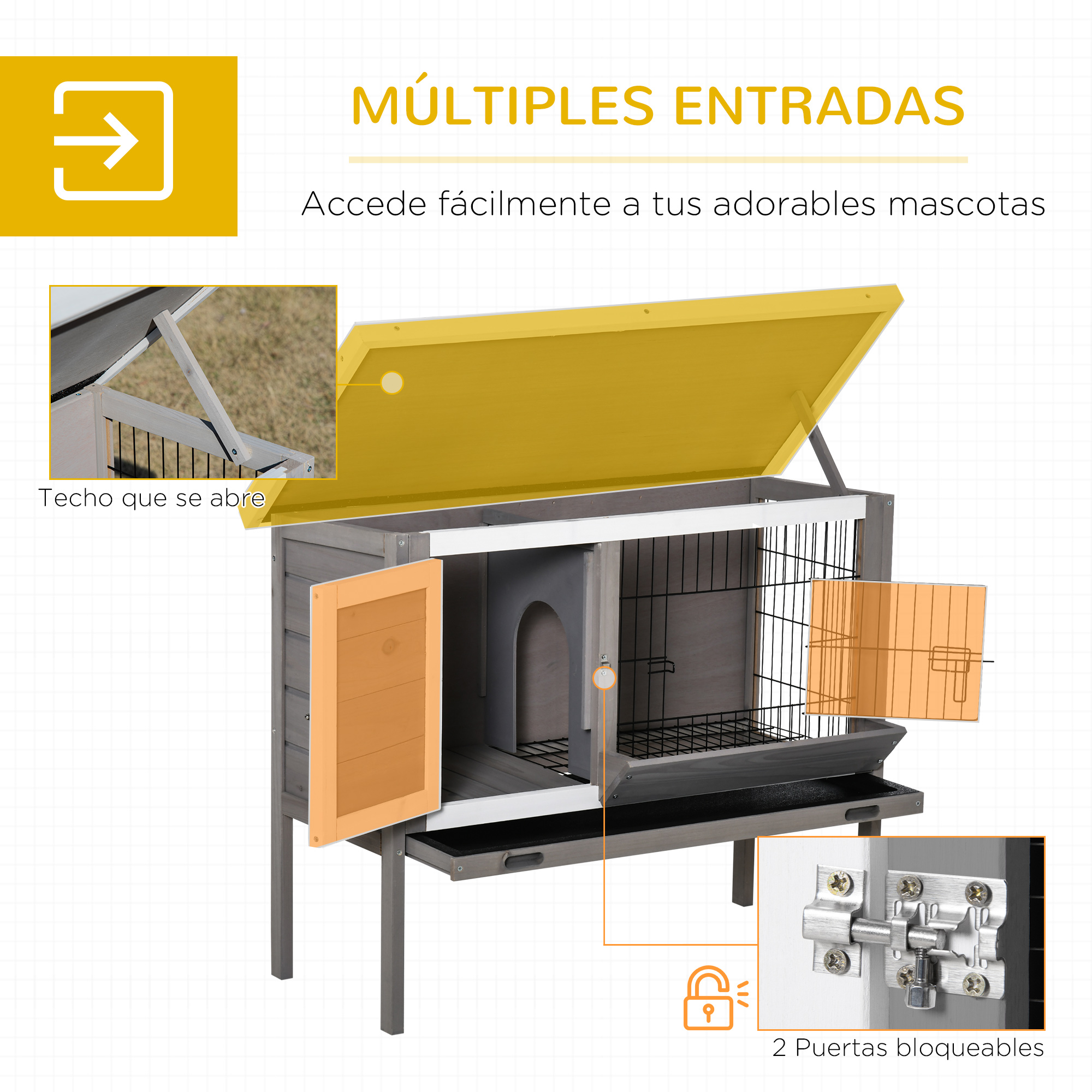 Una casa de madera para mascotas con techo abatible y puertas.