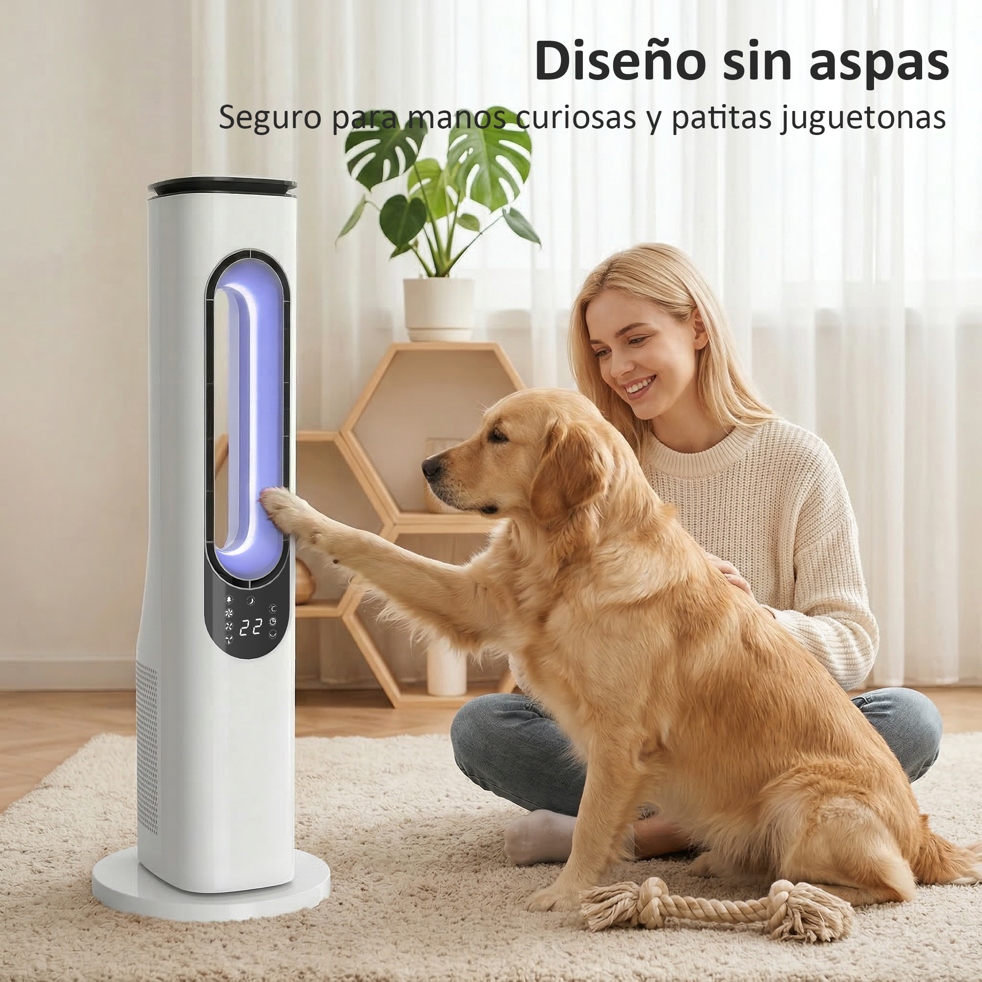 Una mujer y un Golden Retriever interactúan con un ventilador de torre blanco con luces azules.