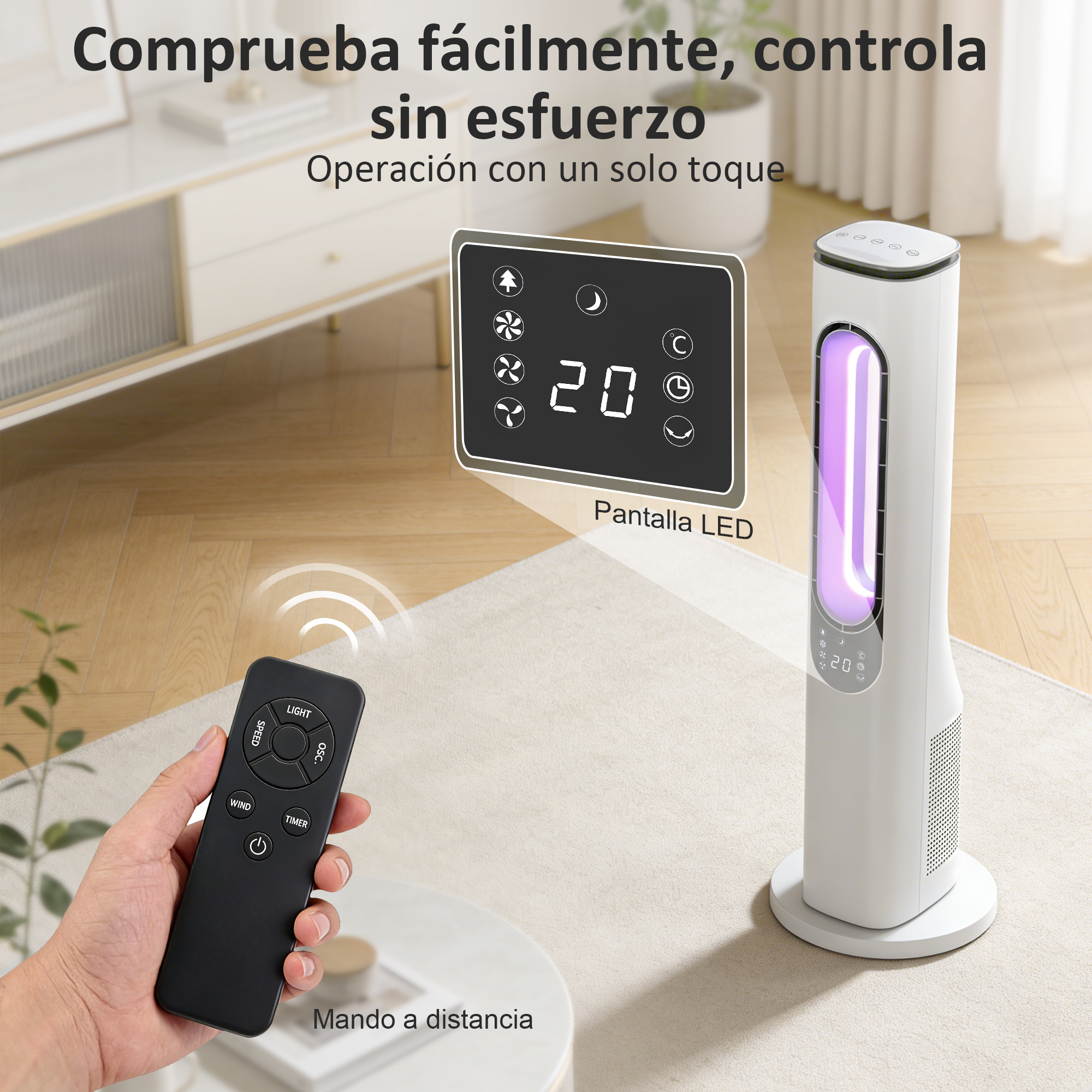 Un ventilador de torre blanco con mando a distancia y pantalla LED en una sala.